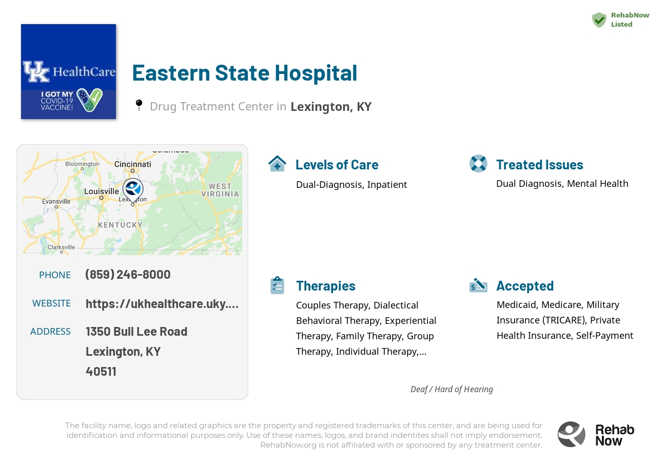 Helpful reference information for Eastern State Hospital, a drug treatment center in Kentucky located at: 1350 Bull Lee Road, Lexington, KY, 40511, including phone numbers, official website, and more. Listed briefly is an overview of Levels of Care, Therapies Offered, Issues Treated, and accepted forms of Payment Methods.