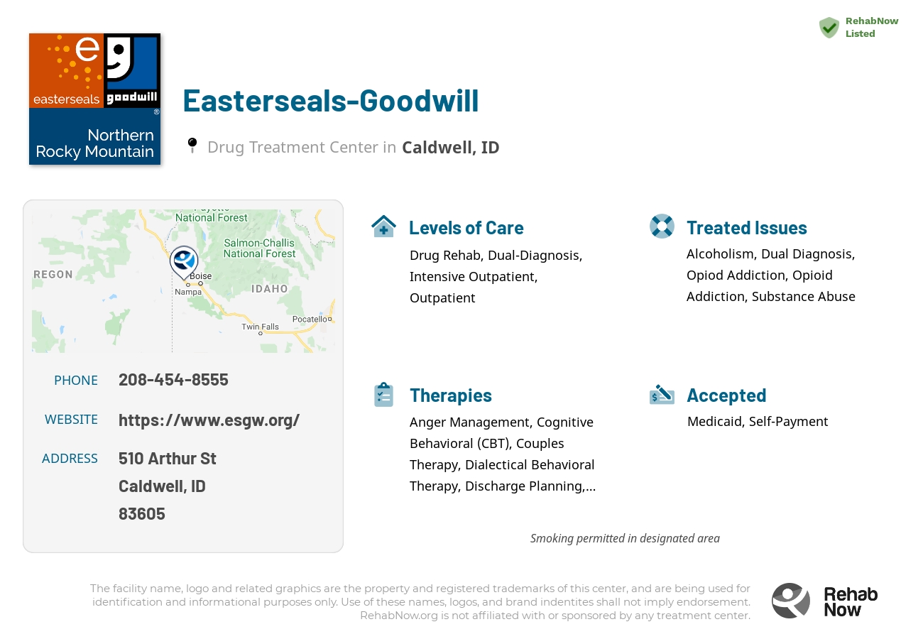 Helpful reference information for Easterseals-Goodwill, a drug treatment center in Idaho located at: 510 Arthur St, Caldwell, ID 83605, including phone numbers, official website, and more. Listed briefly is an overview of Levels of Care, Therapies Offered, Issues Treated, and accepted forms of Payment Methods.