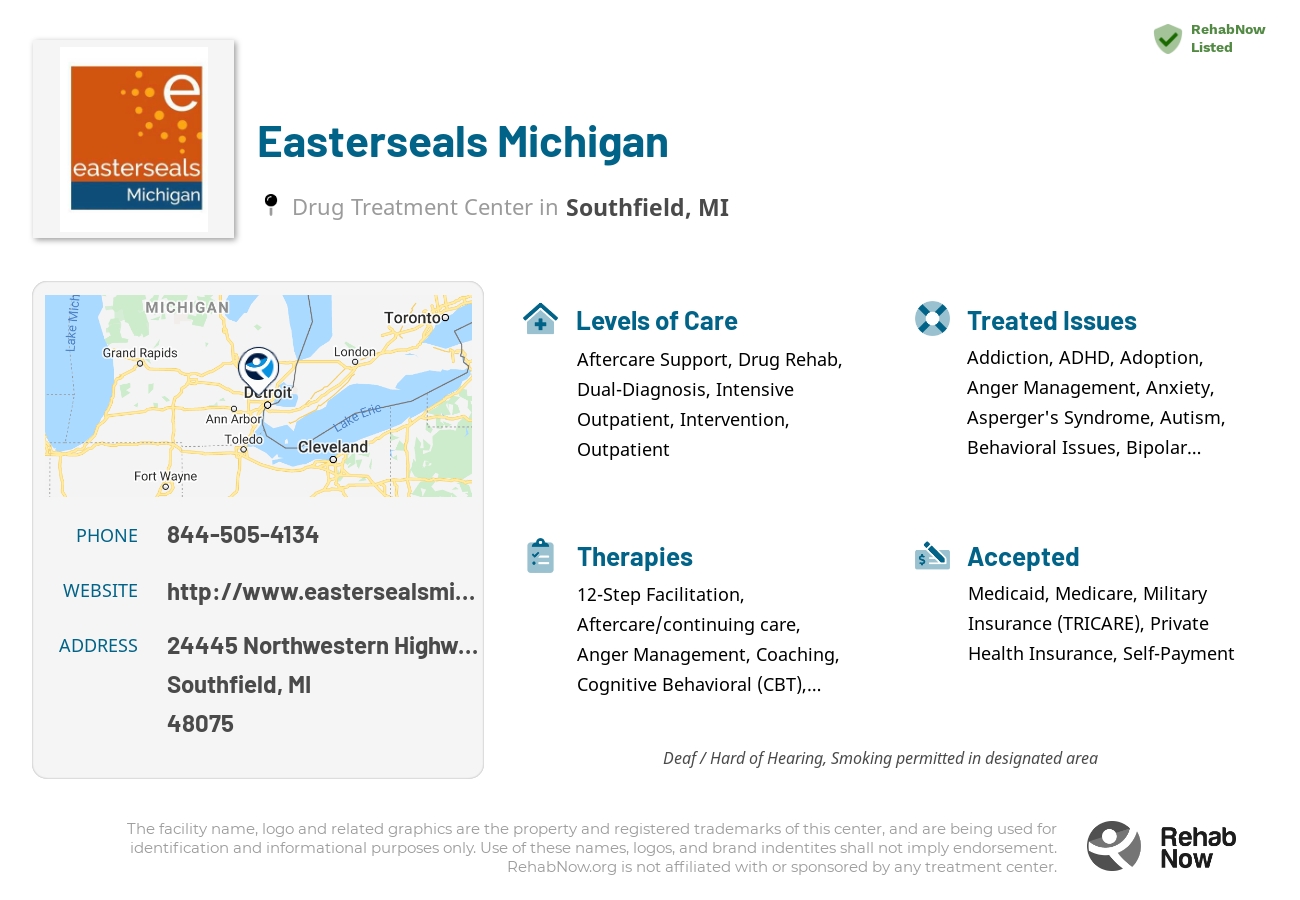 Helpful reference information for Easterseals Michigan, a drug treatment center in Michigan located at: 24445 Northwestern Highway, Southfield, MI 48075, including phone numbers, official website, and more. Listed briefly is an overview of Levels of Care, Therapies Offered, Issues Treated, and accepted forms of Payment Methods.