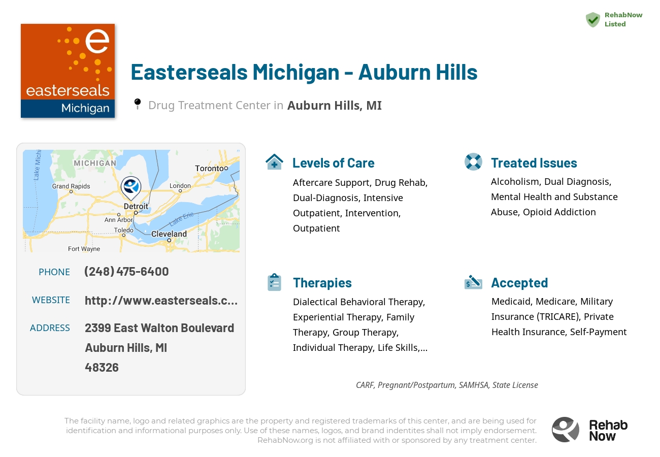 Helpful reference information for Easterseals Michigan - Auburn Hills, a drug treatment center in Michigan located at: 2399 East Walton Boulevard, Auburn Hills, MI, 48326, including phone numbers, official website, and more. Listed briefly is an overview of Levels of Care, Therapies Offered, Issues Treated, and accepted forms of Payment Methods.