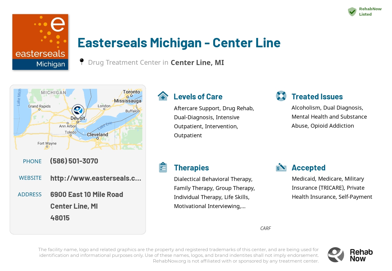 Helpful reference information for Easterseals Michigan - Center Line, a drug treatment center in Michigan located at: 6900 East 10 Mile Road, Center Line, MI, 48015, including phone numbers, official website, and more. Listed briefly is an overview of Levels of Care, Therapies Offered, Issues Treated, and accepted forms of Payment Methods.