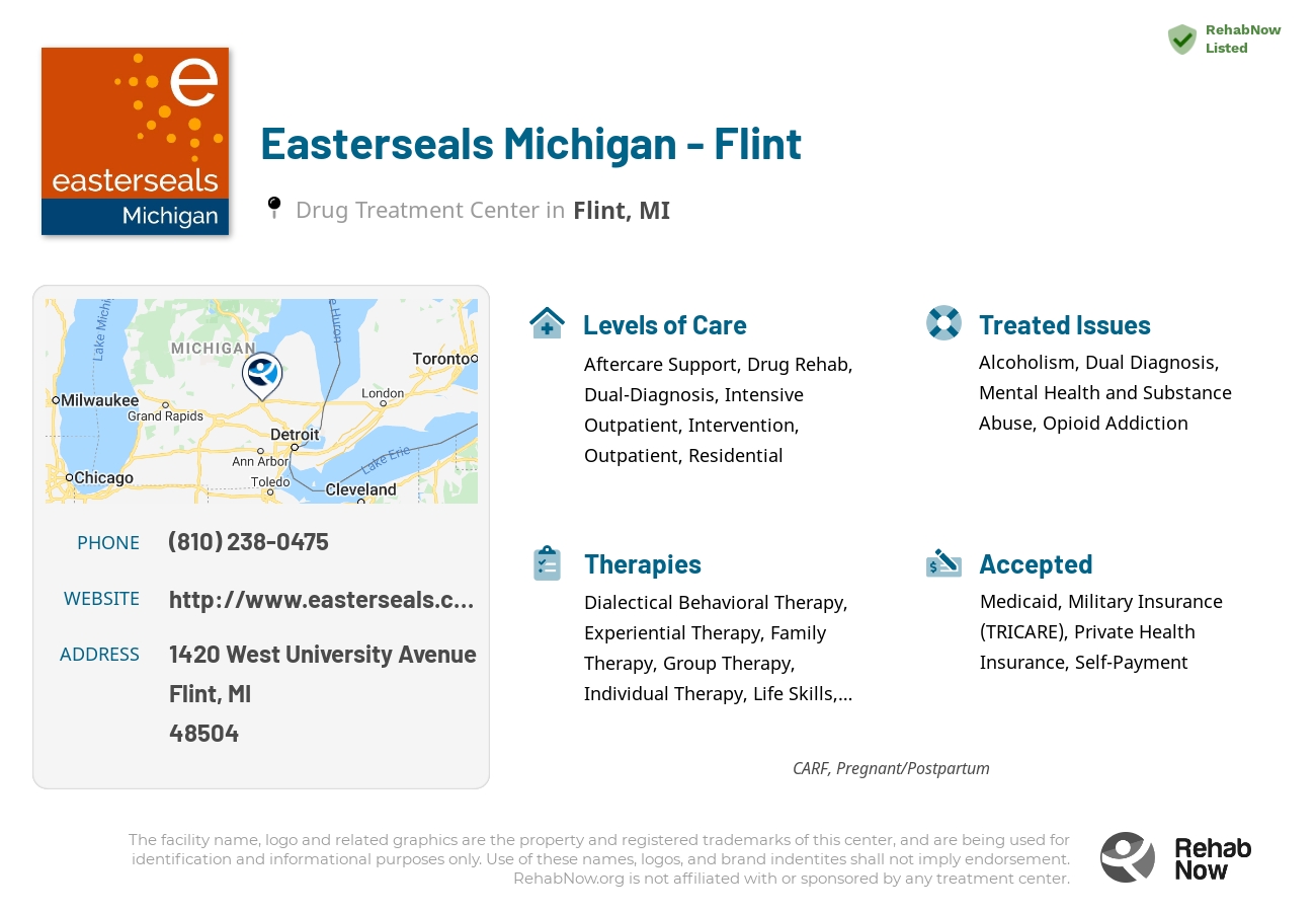 Helpful reference information for Easterseals Michigan - Flint, a drug treatment center in Michigan located at: 1420 West University Avenue, Flint, MI, 48504, including phone numbers, official website, and more. Listed briefly is an overview of Levels of Care, Therapies Offered, Issues Treated, and accepted forms of Payment Methods.