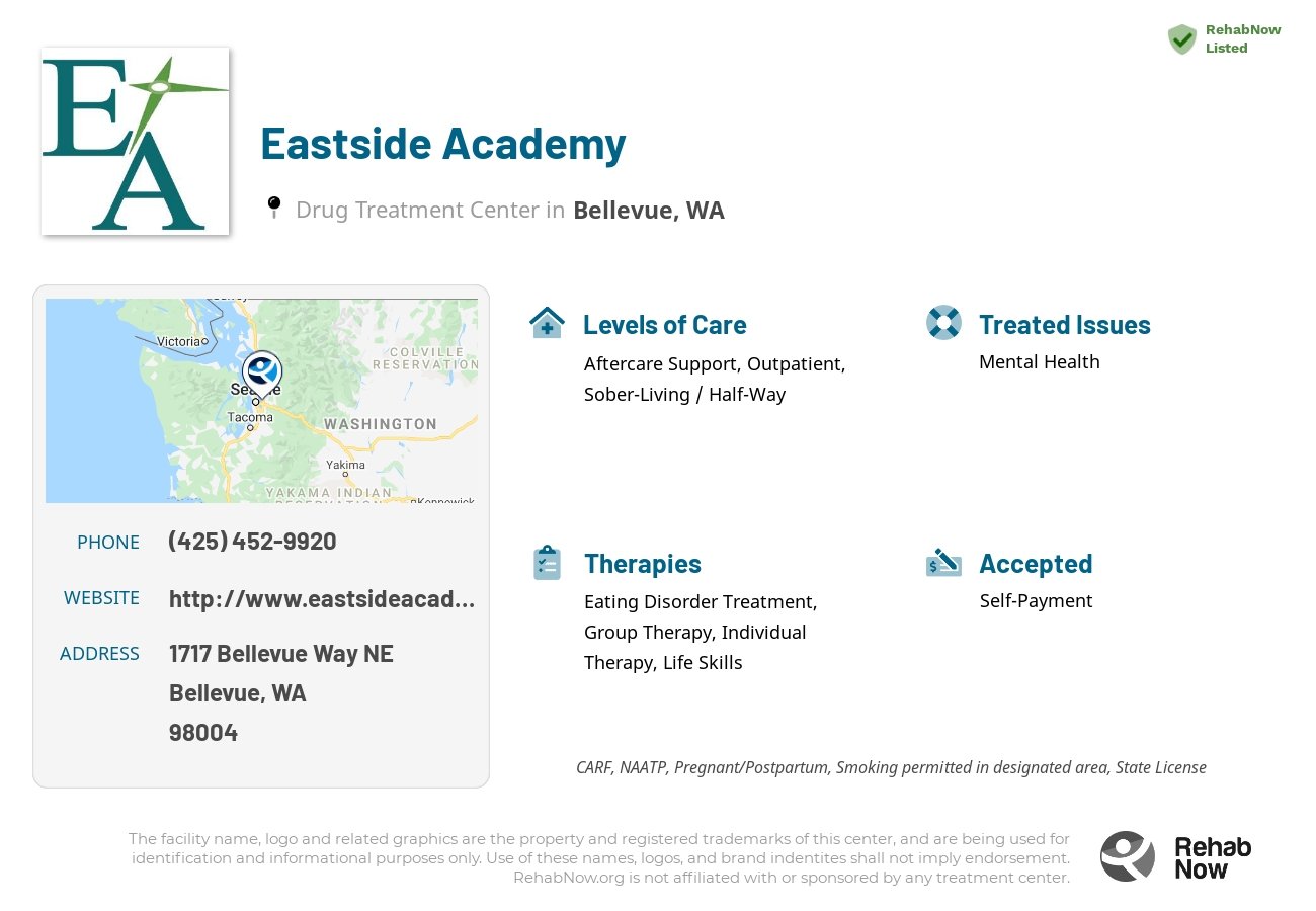 Helpful reference information for Eastside Academy, a drug treatment center in Washington located at: 1717 Bellevue Way NE, Bellevue, WA 98004, including phone numbers, official website, and more. Listed briefly is an overview of Levels of Care, Therapies Offered, Issues Treated, and accepted forms of Payment Methods.
