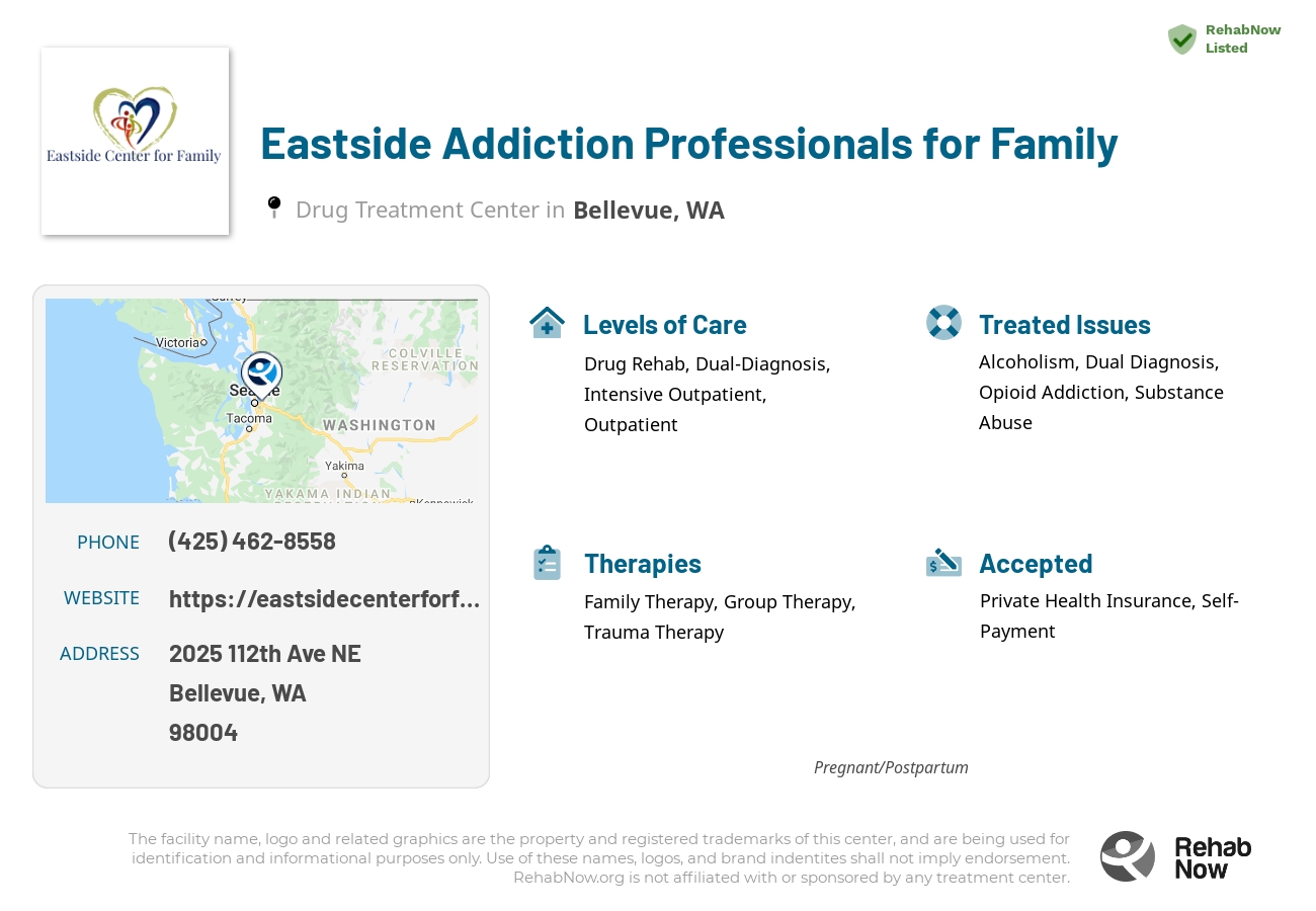 Helpful reference information for Eastside Addiction Professionals for Family, a drug treatment center in Washington located at: 2025 112th Ave NE, Bellevue, WA 98004, including phone numbers, official website, and more. Listed briefly is an overview of Levels of Care, Therapies Offered, Issues Treated, and accepted forms of Payment Methods.