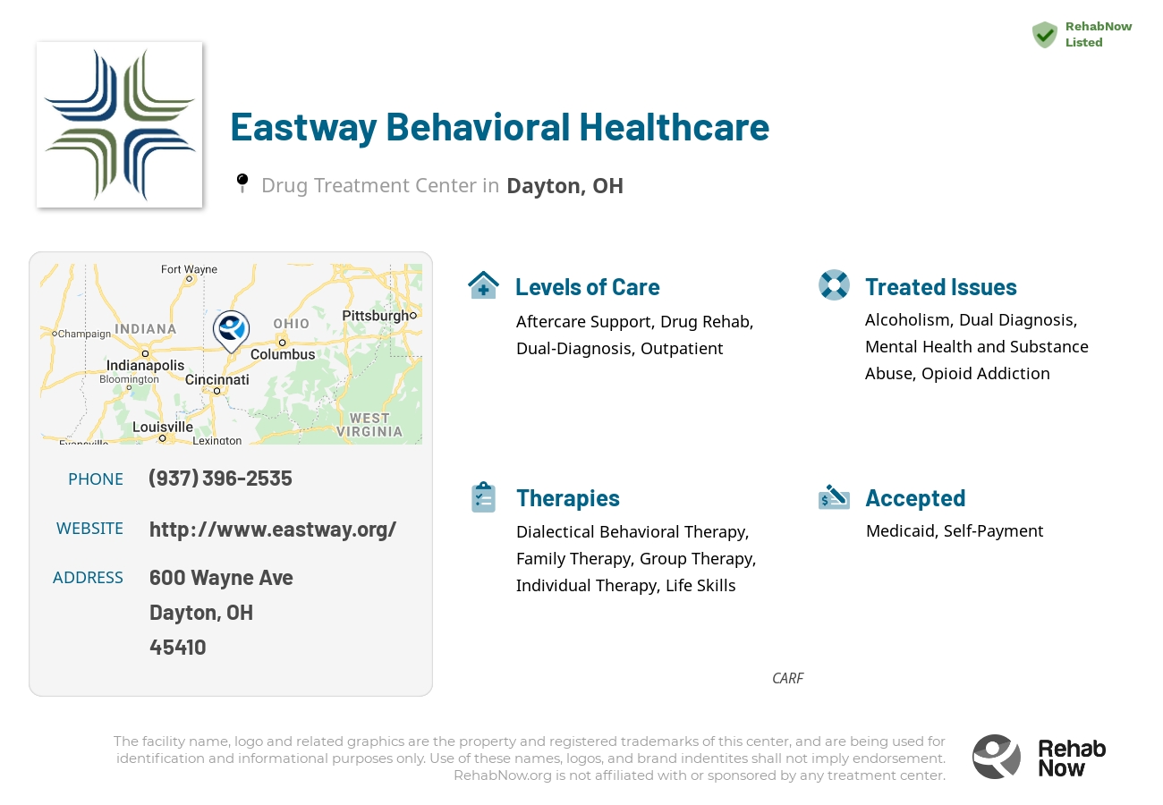 Helpful reference information for Eastway Behavioral Healthcare, a drug treatment center in Ohio located at: 600 Wayne Ave, Dayton, OH 45410, including phone numbers, official website, and more. Listed briefly is an overview of Levels of Care, Therapies Offered, Issues Treated, and accepted forms of Payment Methods.