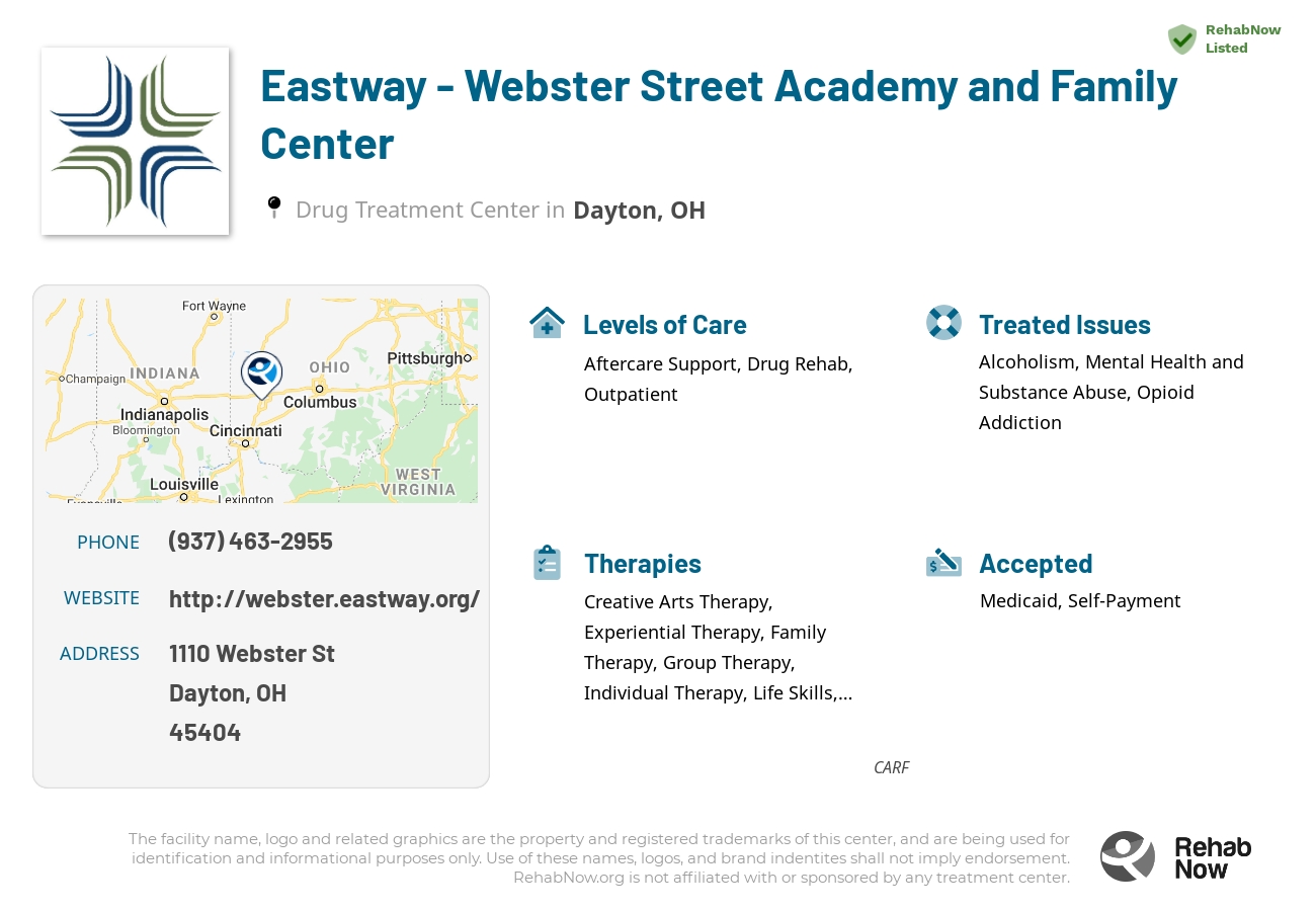 Helpful reference information for Eastway - Webster Street Academy and Family Center, a drug treatment center in Ohio located at: 1110 Webster St, Dayton, OH 45404, including phone numbers, official website, and more. Listed briefly is an overview of Levels of Care, Therapies Offered, Issues Treated, and accepted forms of Payment Methods.