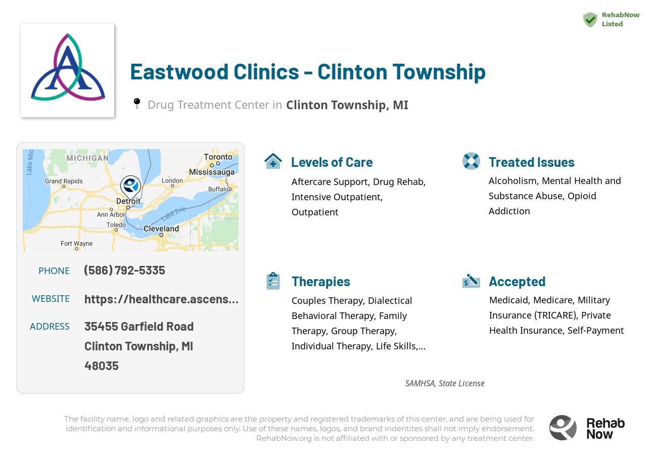 Helpful reference information for Eastwood Clinics - Clinton Township, a drug treatment center in Michigan located at: 35455 Garfield Road, Clinton Township, MI, 48035, including phone numbers, official website, and more. Listed briefly is an overview of Levels of Care, Therapies Offered, Issues Treated, and accepted forms of Payment Methods.