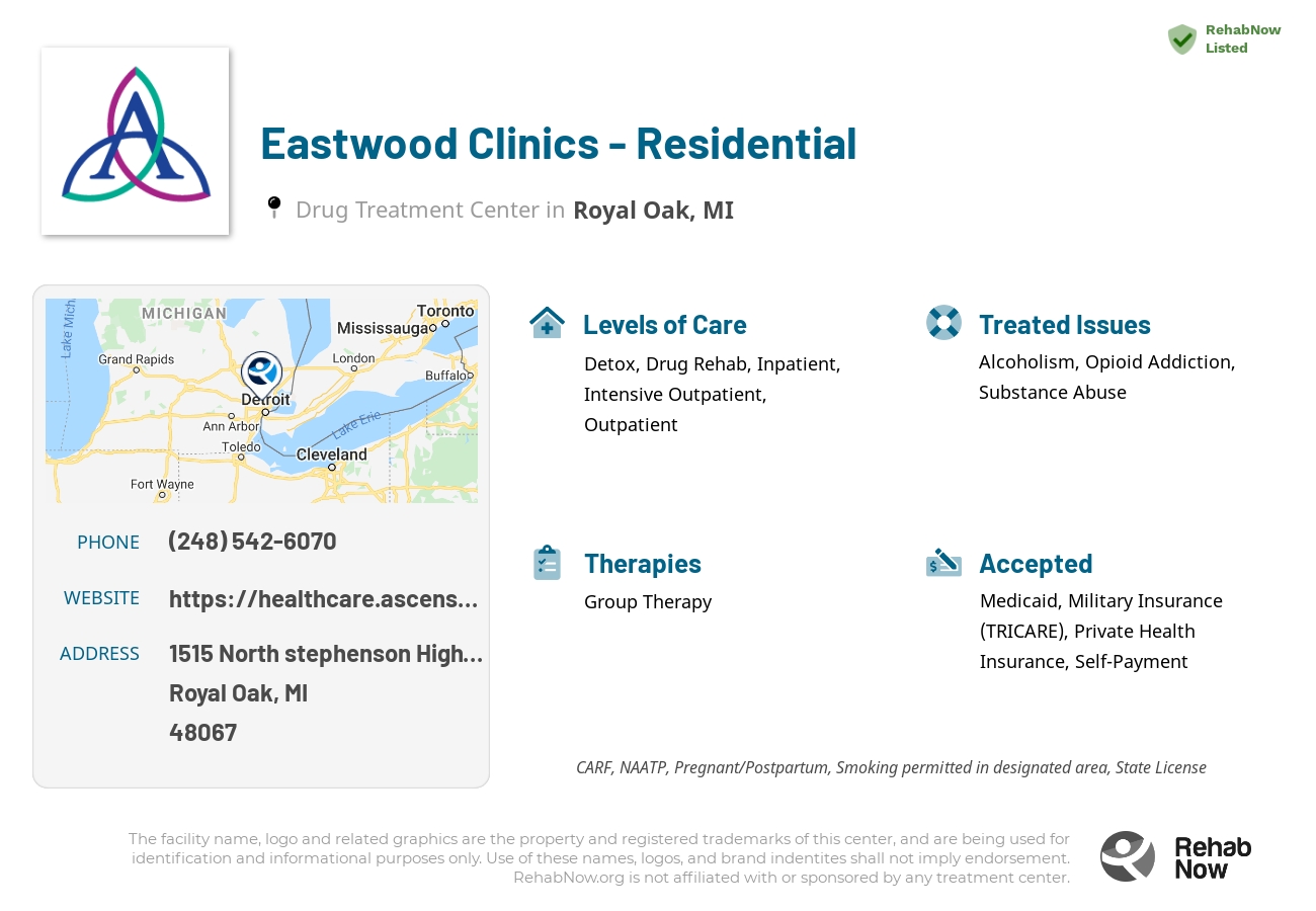 Helpful reference information for Eastwood Clinics - Residential, a drug treatment center in Michigan located at: 1515 1515 North stephenson Highway, Royal Oak, MI 48067, including phone numbers, official website, and more. Listed briefly is an overview of Levels of Care, Therapies Offered, Issues Treated, and accepted forms of Payment Methods.