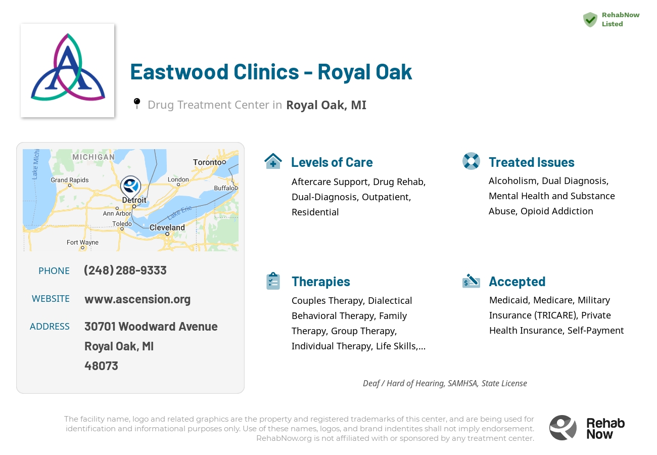 Helpful reference information for Eastwood Clinics - Royal Oak, a drug treatment center in Michigan located at: 30701 Woodward Avenue, Royal Oak, MI, 48073, including phone numbers, official website, and more. Listed briefly is an overview of Levels of Care, Therapies Offered, Issues Treated, and accepted forms of Payment Methods.