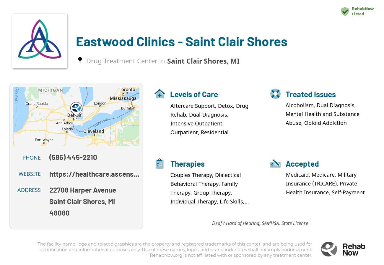 Helpful reference information for Eastwood Clinics - Saint Clair Shores, a drug treatment center in Michigan located at: 22708 Harper Avenue, Saint Clair Shores, MI, 48080, including phone numbers, official website, and more. Listed briefly is an overview of Levels of Care, Therapies Offered, Issues Treated, and accepted forms of Payment Methods.