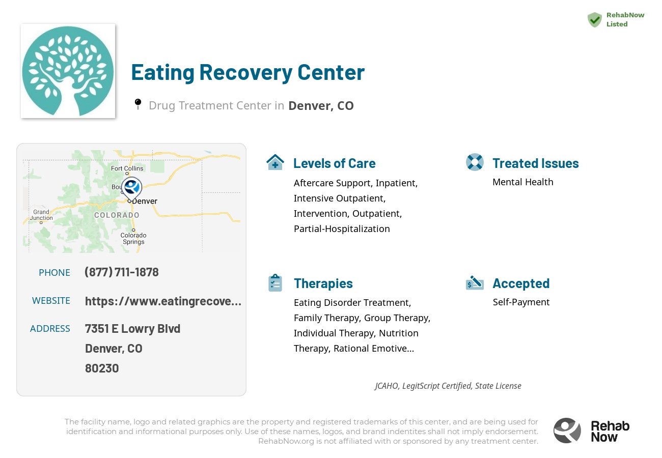 Helpful reference information for Eating Recovery Center, a drug treatment center in Colorado located at: 7351 E Lowry Blvd, Denver, CO 80230, including phone numbers, official website, and more. Listed briefly is an overview of Levels of Care, Therapies Offered, Issues Treated, and accepted forms of Payment Methods.