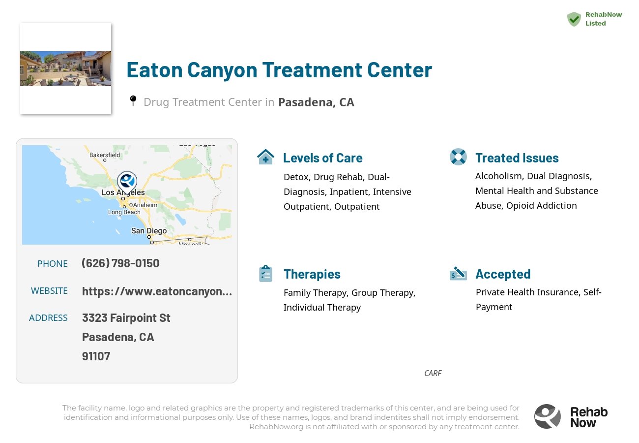 Helpful reference information for Eaton Canyon Treatment Center, a drug treatment center in California located at: 3323 Fairpoint St, Pasadena, CA 91107, including phone numbers, official website, and more. Listed briefly is an overview of Levels of Care, Therapies Offered, Issues Treated, and accepted forms of Payment Methods.