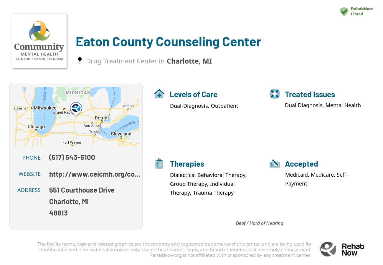 Helpful reference information for Eaton County Counseling Center, a drug treatment center in Michigan located at: 551 551 Courthouse Drive, Charlotte, MI 48813, including phone numbers, official website, and more. Listed briefly is an overview of Levels of Care, Therapies Offered, Issues Treated, and accepted forms of Payment Methods.