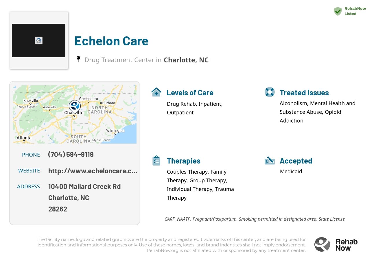 Helpful reference information for Echelon Care, a drug treatment center in North Carolina located at: 10400 Mallard Creek Rd, Charlotte, NC 28262, including phone numbers, official website, and more. Listed briefly is an overview of Levels of Care, Therapies Offered, Issues Treated, and accepted forms of Payment Methods.