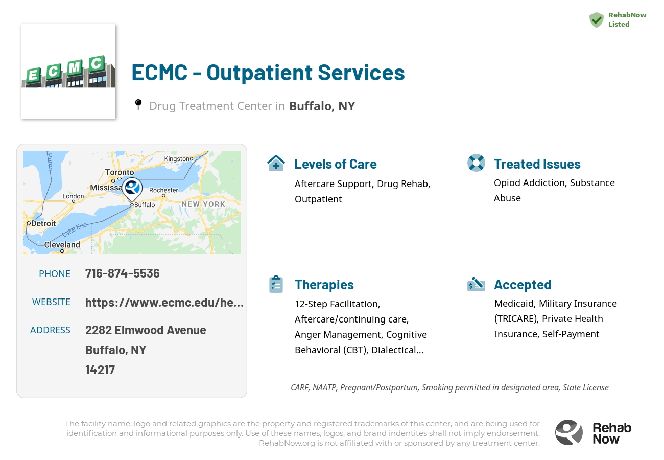 Helpful reference information for ECMC - Outpatient Services, a drug treatment center in New York located at: 2282 Elmwood Avenue, Buffalo, NY 14217, including phone numbers, official website, and more. Listed briefly is an overview of Levels of Care, Therapies Offered, Issues Treated, and accepted forms of Payment Methods.