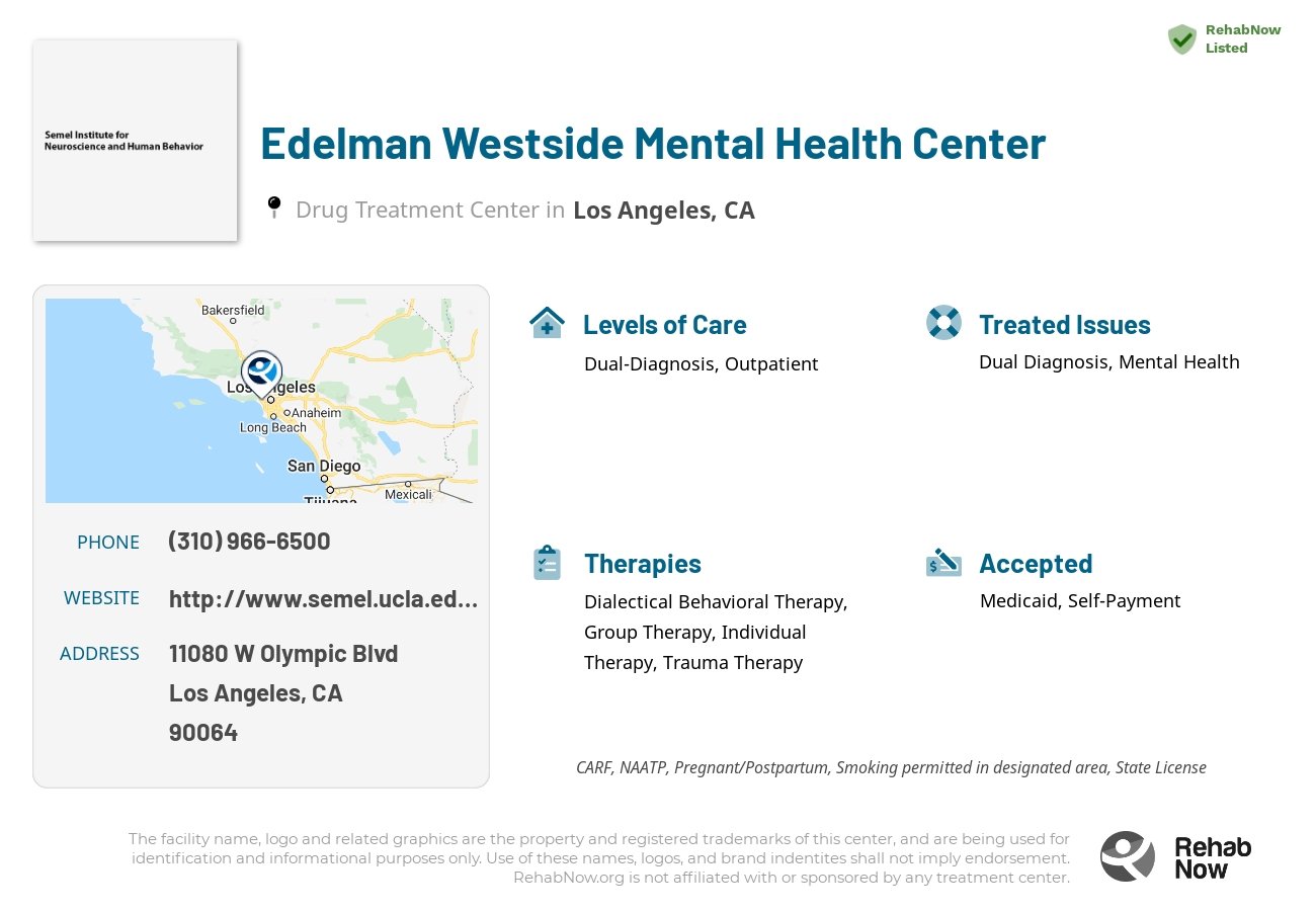 Helpful reference information for Edelman Westside Mental Health Center, a drug treatment center in California located at: 11080 W Olympic Blvd, Los Angeles, CA 90064, including phone numbers, official website, and more. Listed briefly is an overview of Levels of Care, Therapies Offered, Issues Treated, and accepted forms of Payment Methods.