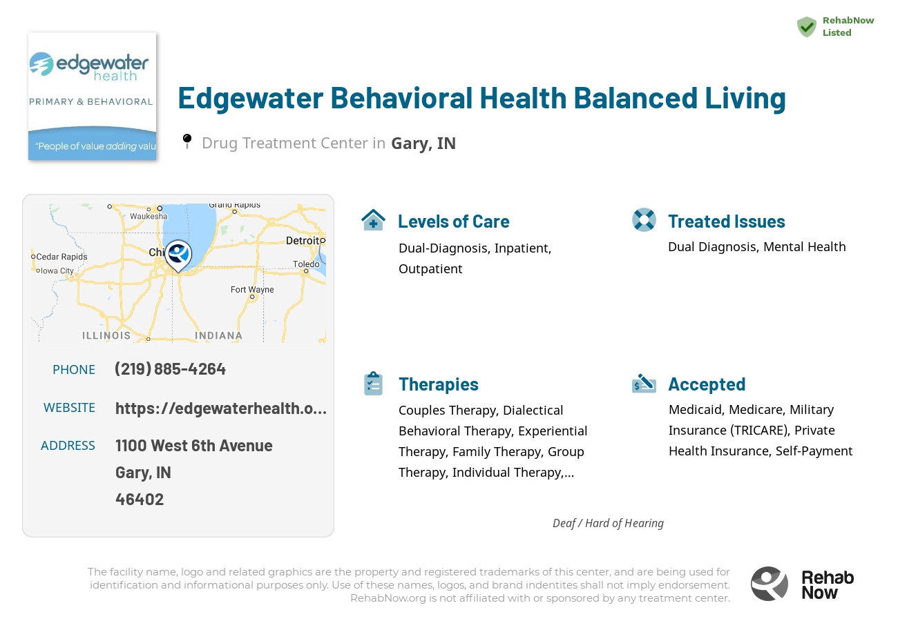 Helpful reference information for Edgewater Behavioral Health Balanced Living, a drug treatment center in Indiana located at: 1100 West 6th Avenue, Gary, IN, 46402, including phone numbers, official website, and more. Listed briefly is an overview of Levels of Care, Therapies Offered, Issues Treated, and accepted forms of Payment Methods.