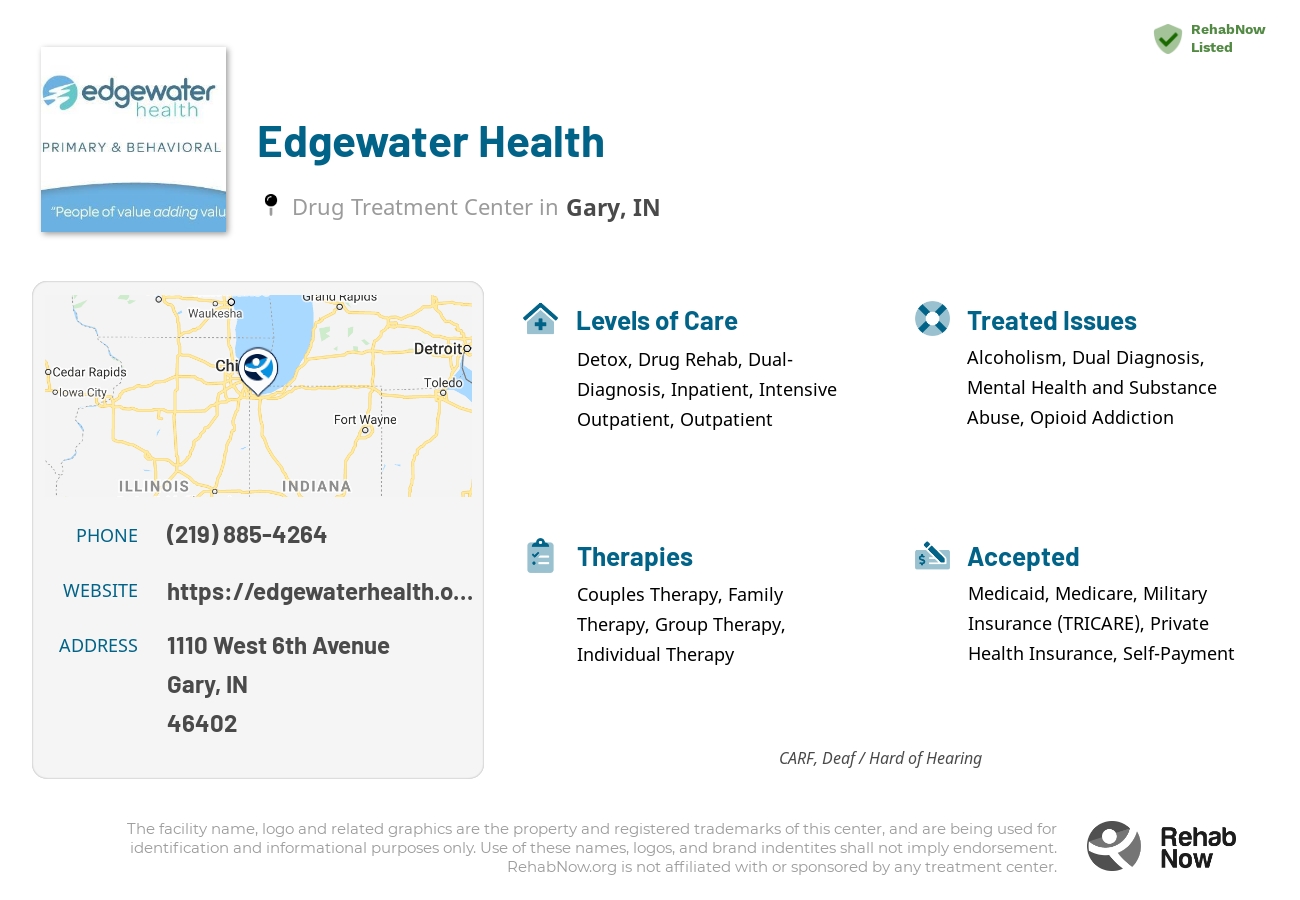 Helpful reference information for Edgewater Health, a drug treatment center in Indiana located at: 1110 West 6th Avenue, Gary, IN, 46402, including phone numbers, official website, and more. Listed briefly is an overview of Levels of Care, Therapies Offered, Issues Treated, and accepted forms of Payment Methods.