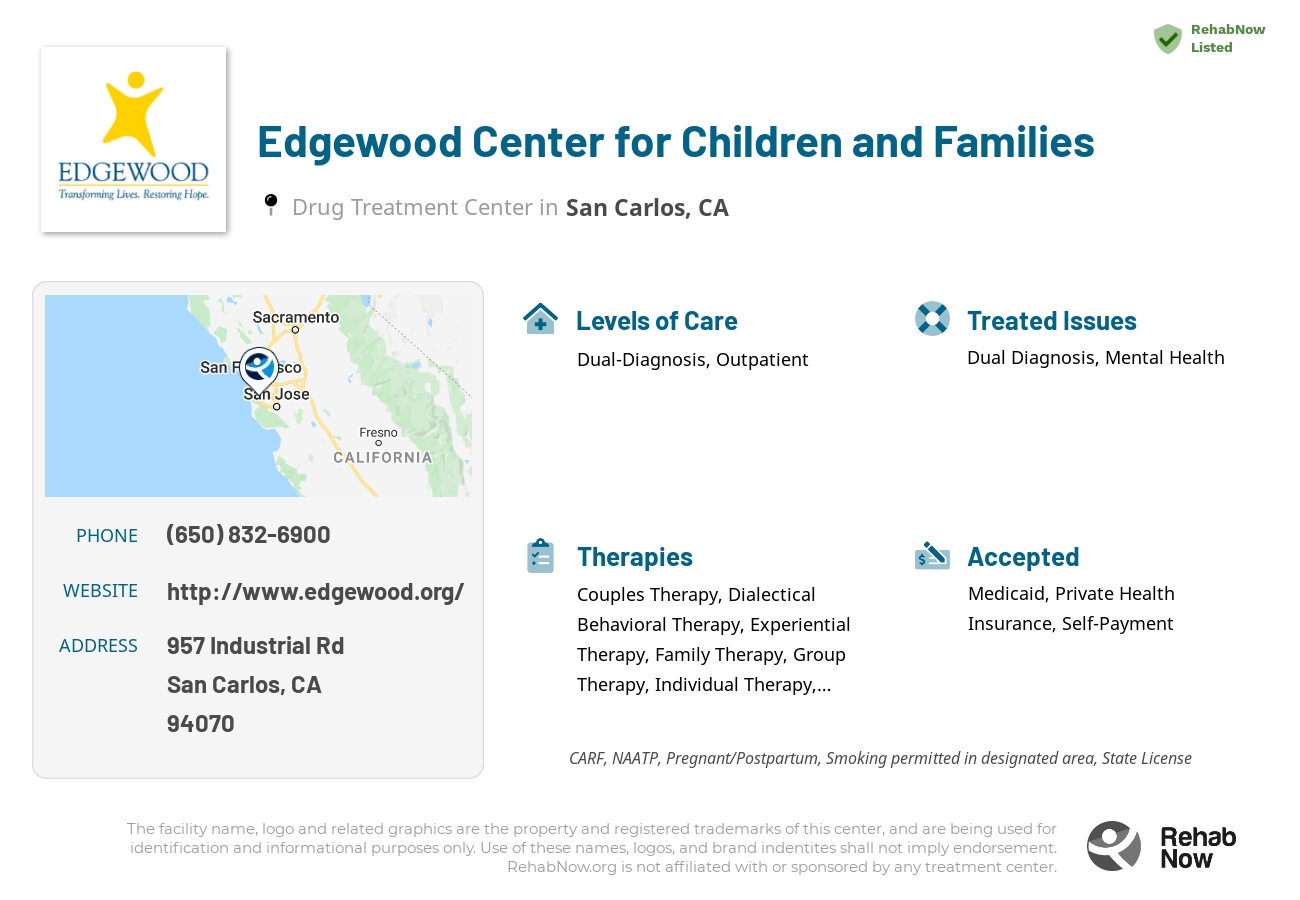 Helpful reference information for Edgewood Center for Children and Families, a drug treatment center in California located at: 957 Industrial Rd, San Carlos, CA 94070, including phone numbers, official website, and more. Listed briefly is an overview of Levels of Care, Therapies Offered, Issues Treated, and accepted forms of Payment Methods.