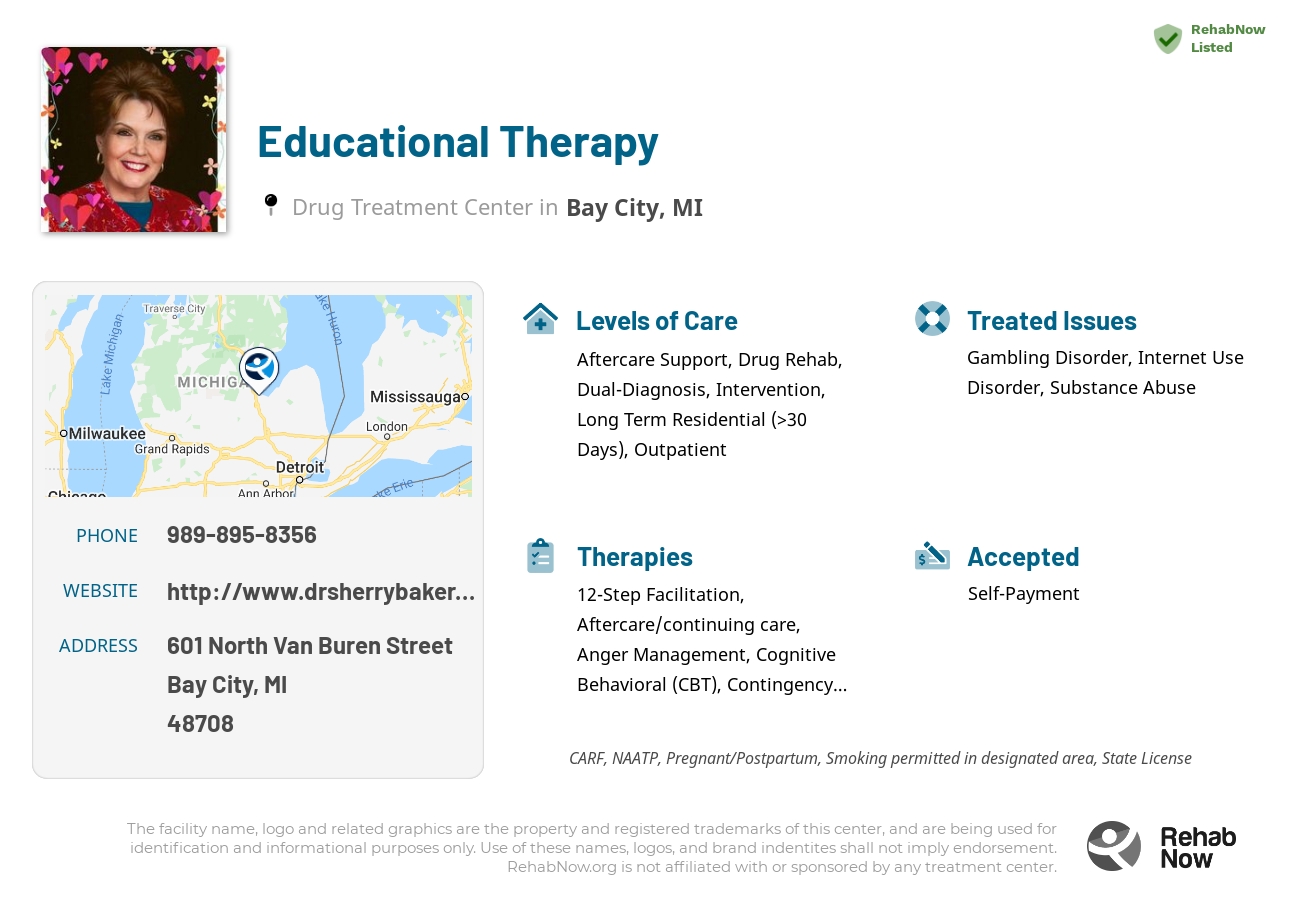 Helpful reference information for Educational Therapy, a drug treatment center in Michigan located at: 601 North Van Buren Street, Bay City, MI 48708, including phone numbers, official website, and more. Listed briefly is an overview of Levels of Care, Therapies Offered, Issues Treated, and accepted forms of Payment Methods.