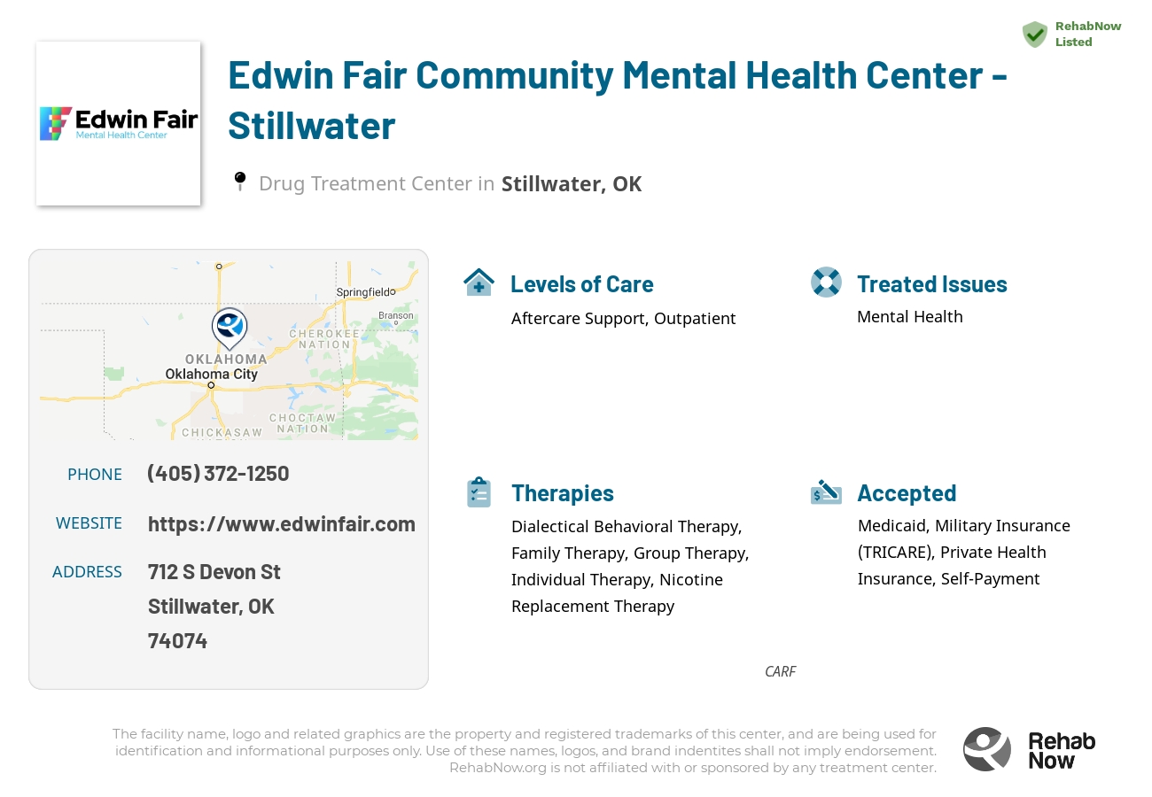 Helpful reference information for Edwin Fair Community Mental Health Center - Stillwater, a drug treatment center in Oklahoma located at: 712 S Devon St, Stillwater, OK 74074, including phone numbers, official website, and more. Listed briefly is an overview of Levels of Care, Therapies Offered, Issues Treated, and accepted forms of Payment Methods.
