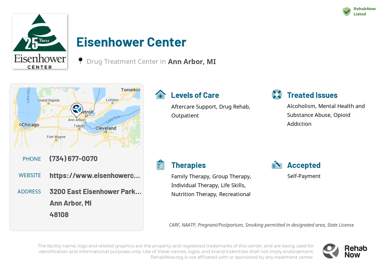Helpful reference information for Eisenhower Center, a drug treatment center in Michigan located at: 3200 3200 East Eisenhower Parkway, Ann Arbor, MI 48108, including phone numbers, official website, and more. Listed briefly is an overview of Levels of Care, Therapies Offered, Issues Treated, and accepted forms of Payment Methods.