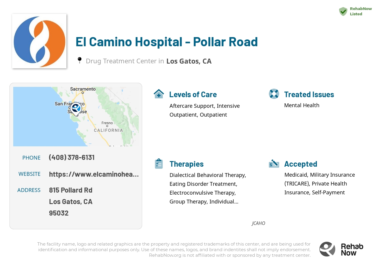 Helpful reference information for El Camino Hospital - Pollar Road, a drug treatment center in California located at: 815 Pollard Rd, Los Gatos, CA 95032, including phone numbers, official website, and more. Listed briefly is an overview of Levels of Care, Therapies Offered, Issues Treated, and accepted forms of Payment Methods.