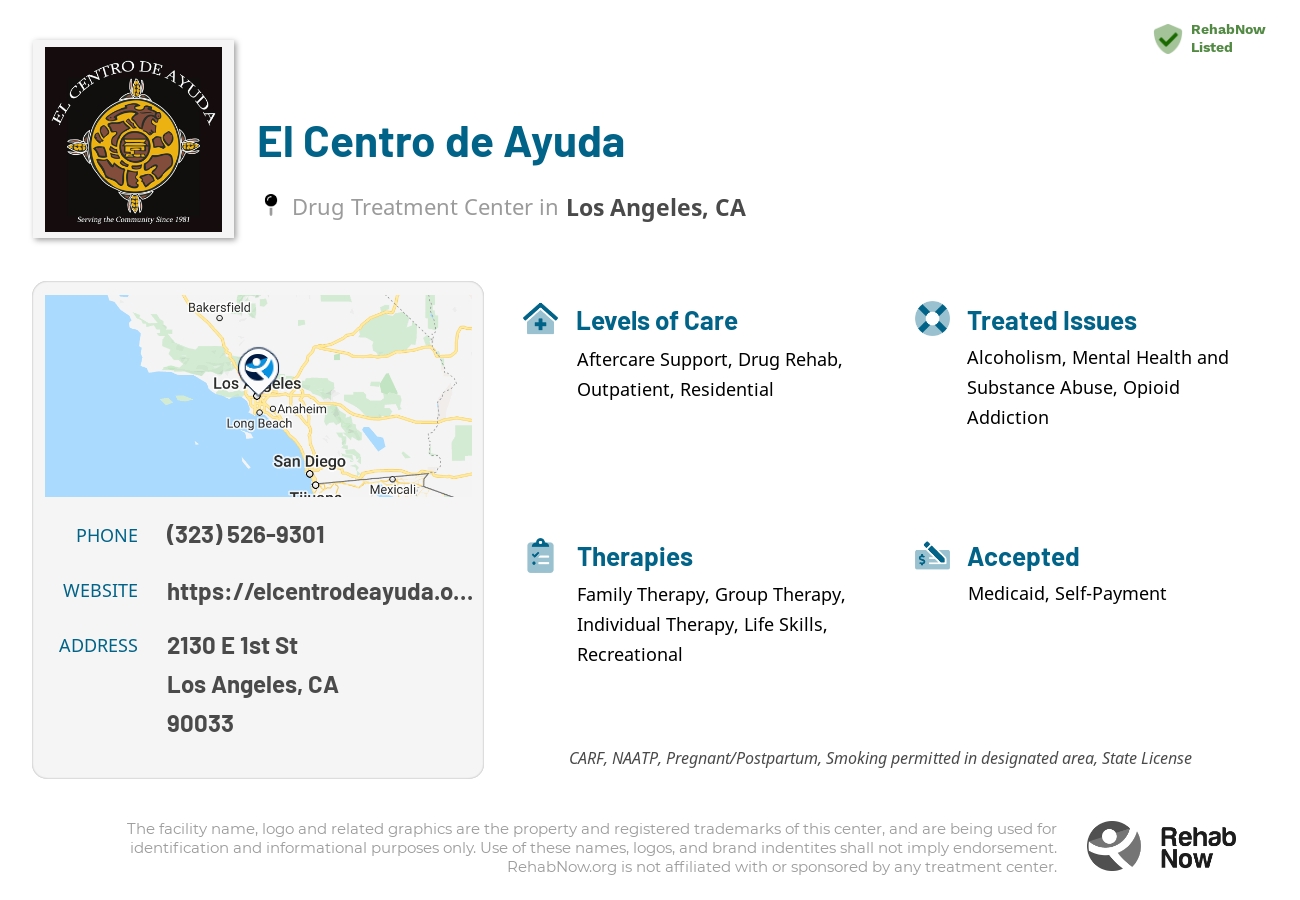 Helpful reference information for El Centro de Ayuda, a drug treatment center in California located at: 2130 E 1st St, Los Angeles, CA 90033, including phone numbers, official website, and more. Listed briefly is an overview of Levels of Care, Therapies Offered, Issues Treated, and accepted forms of Payment Methods.