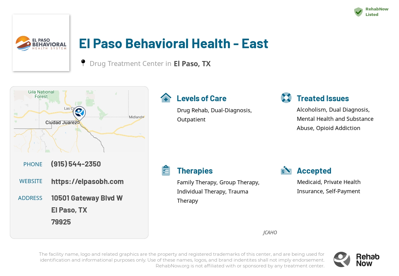 Helpful reference information for El Paso Behavioral Health - East, a drug treatment center in Texas located at: 10501 Gateway Blvd W, El Paso, TX 79925, including phone numbers, official website, and more. Listed briefly is an overview of Levels of Care, Therapies Offered, Issues Treated, and accepted forms of Payment Methods.