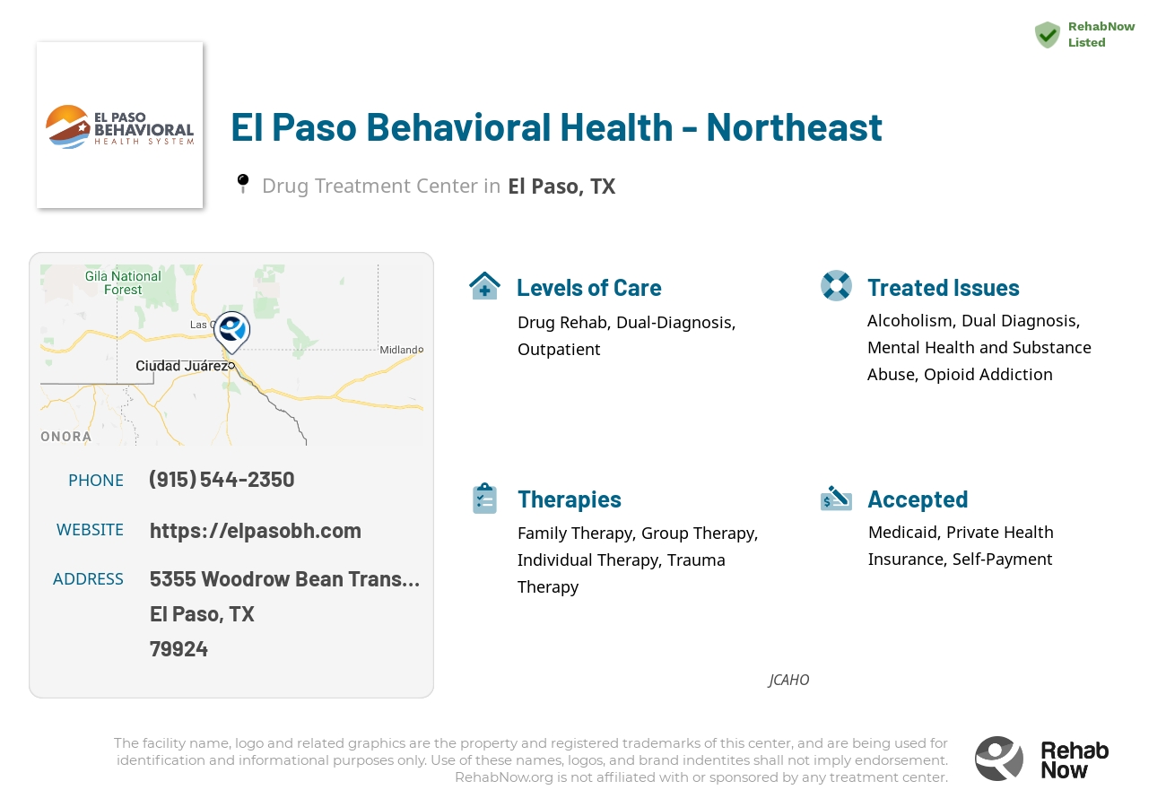 Helpful reference information for El Paso Behavioral Health - Northeast, a drug treatment center in Texas located at: 5355 Woodrow Bean Transmountain Rd, El Paso, TX 79924, including phone numbers, official website, and more. Listed briefly is an overview of Levels of Care, Therapies Offered, Issues Treated, and accepted forms of Payment Methods.