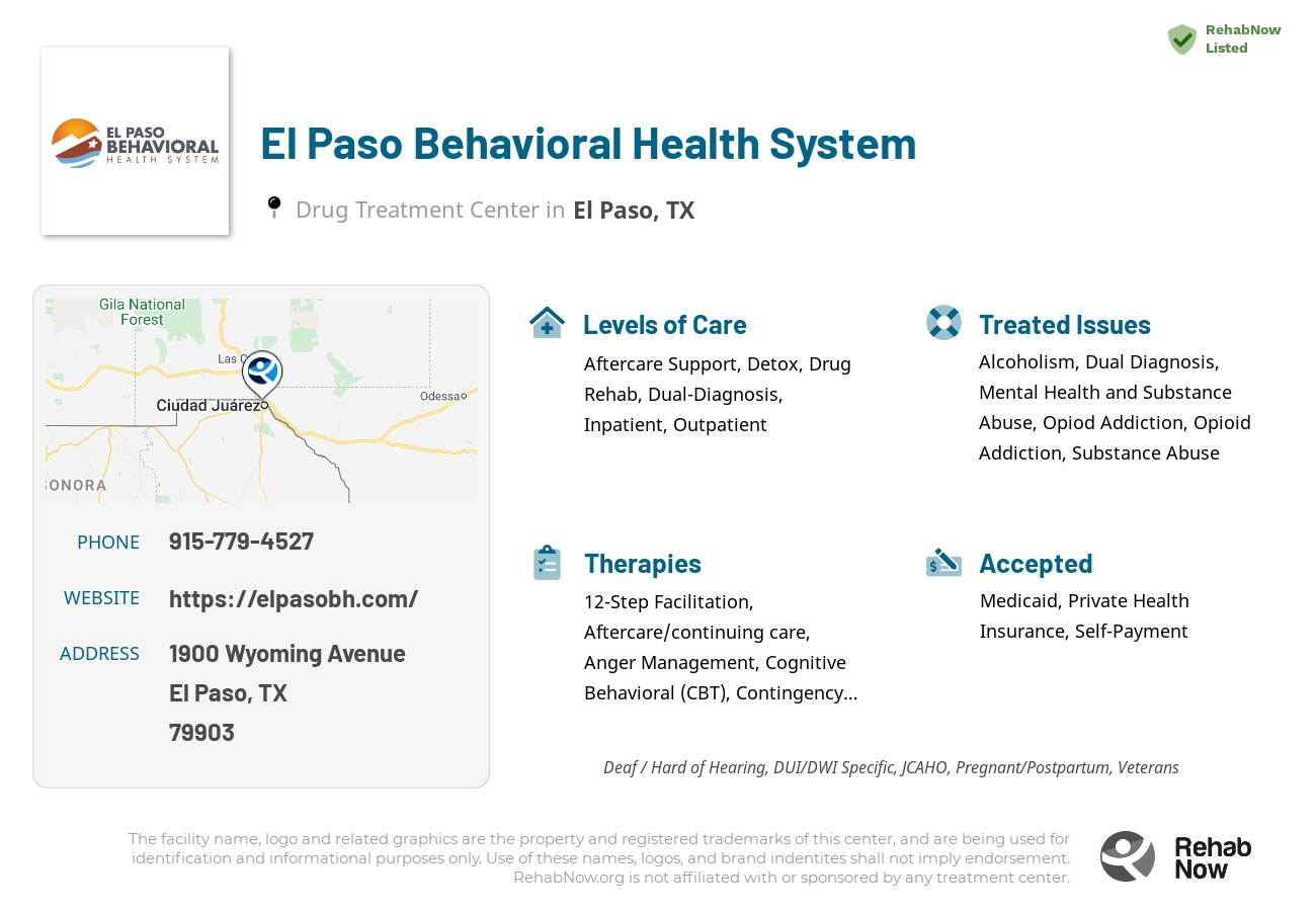 Helpful reference information for El Paso Behavioral Health System, a drug treatment center in Texas located at: 1900 Wyoming Avenue, El Paso, TX, 79903, including phone numbers, official website, and more. Listed briefly is an overview of Levels of Care, Therapies Offered, Issues Treated, and accepted forms of Payment Methods.