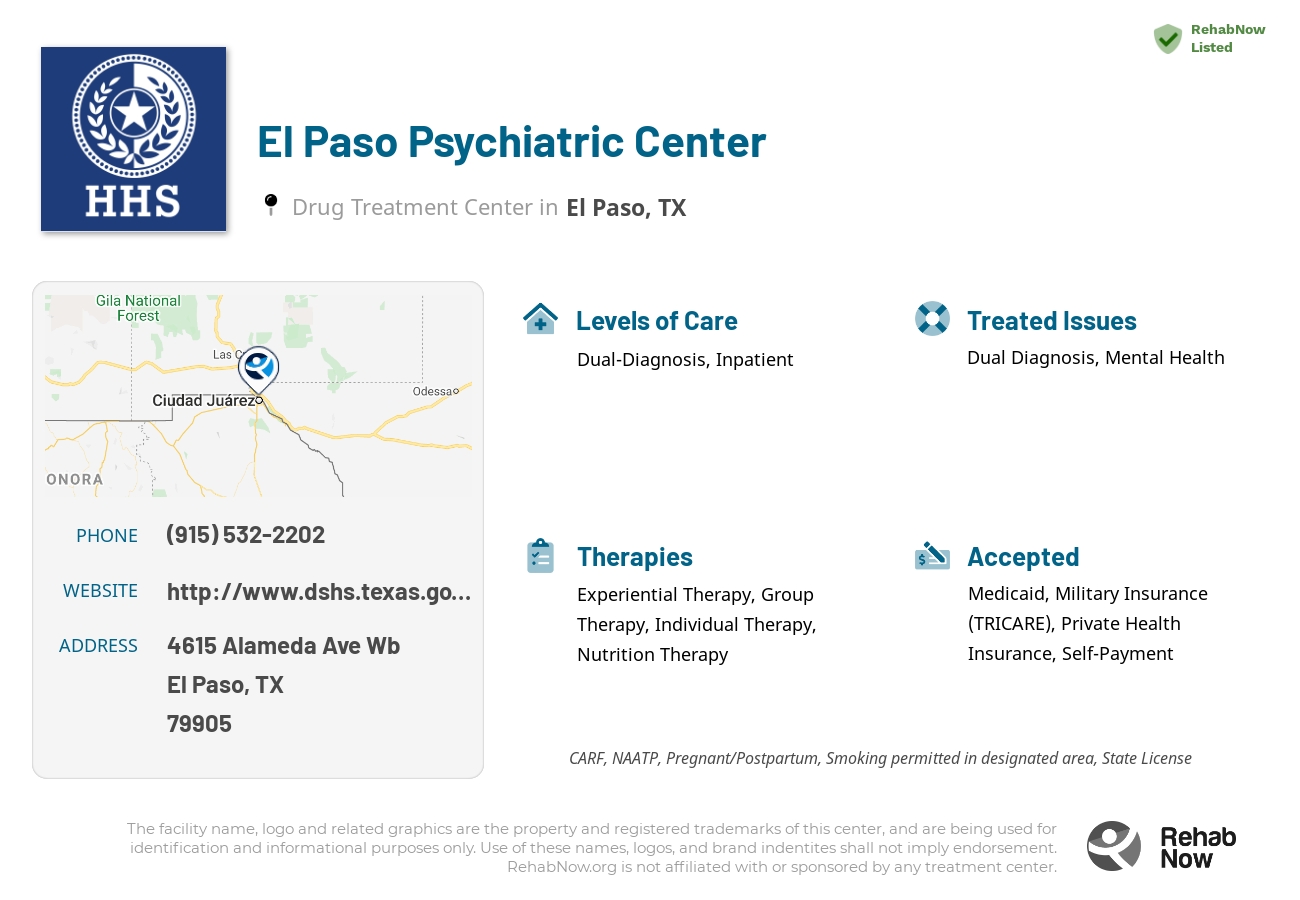Helpful reference information for El Paso Psychiatric Center, a drug treatment center in Texas located at: 4615 Alameda Ave Wb, El Paso, TX 79905, including phone numbers, official website, and more. Listed briefly is an overview of Levels of Care, Therapies Offered, Issues Treated, and accepted forms of Payment Methods.