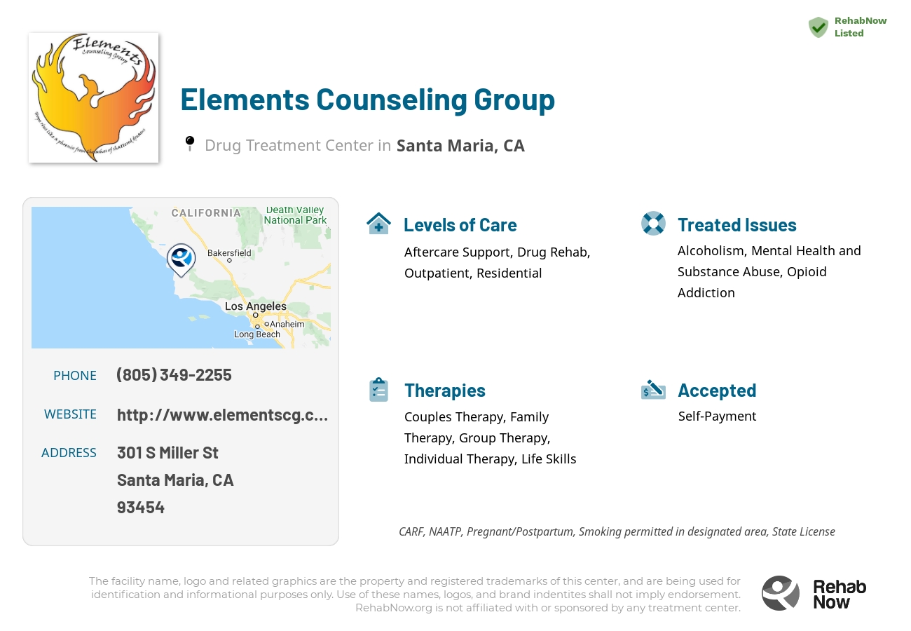 Helpful reference information for Elements Counseling Group, a drug treatment center in California located at: 301 S Miller St, Santa Maria, CA 93454, including phone numbers, official website, and more. Listed briefly is an overview of Levels of Care, Therapies Offered, Issues Treated, and accepted forms of Payment Methods.