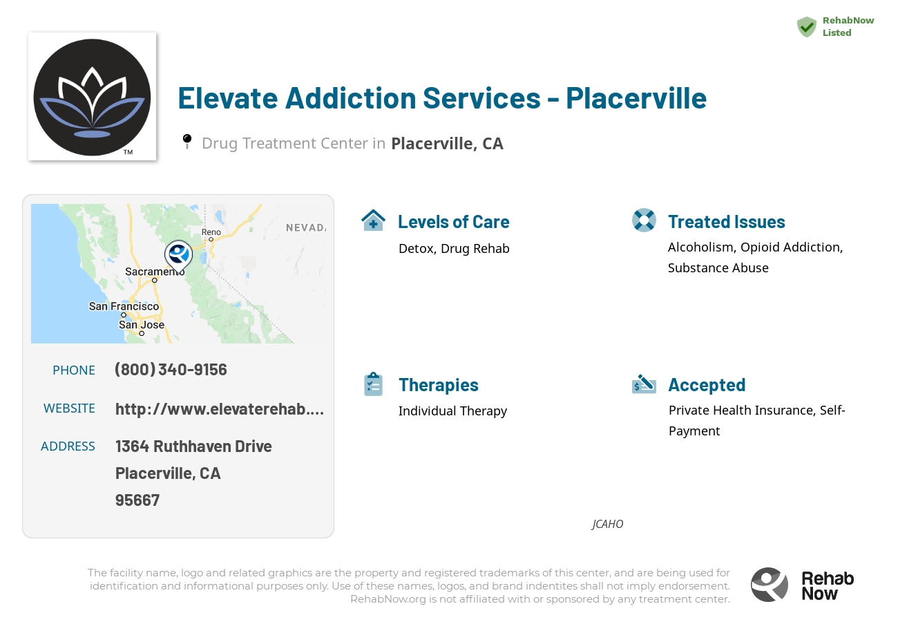 Helpful reference information for Elevate Addiction Services - Placerville, a drug treatment center in California located at: 1364 Ruthhaven Drive, Placerville, CA, 95667, including phone numbers, official website, and more. Listed briefly is an overview of Levels of Care, Therapies Offered, Issues Treated, and accepted forms of Payment Methods.