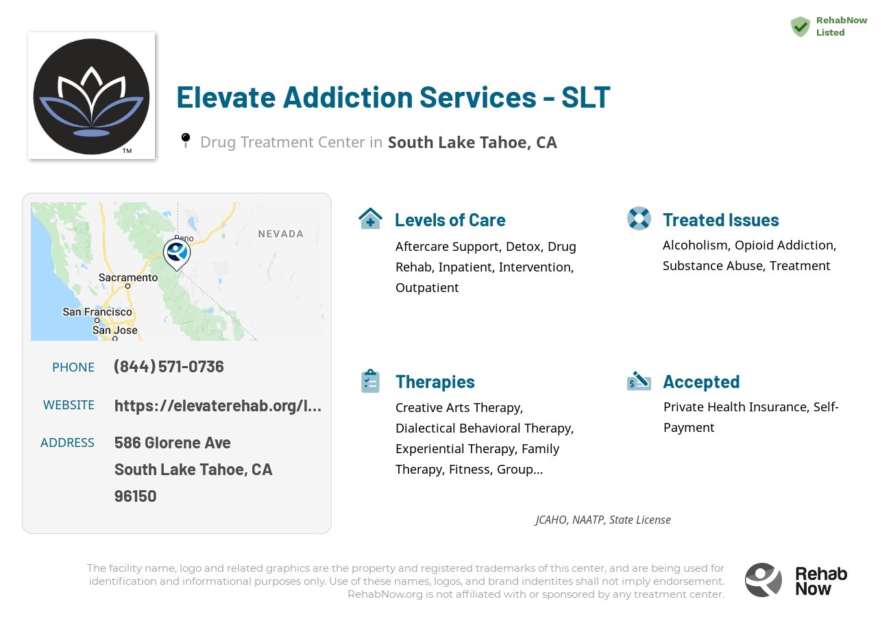 Helpful reference information for Elevate Addiction Services - SLT, a drug treatment center in California located at: 586 Glorene Ave, South Lake Tahoe, CA 96150, including phone numbers, official website, and more. Listed briefly is an overview of Levels of Care, Therapies Offered, Issues Treated, and accepted forms of Payment Methods.