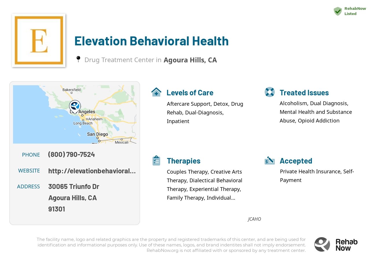Helpful reference information for Elevation Behavioral Health, a drug treatment center in California located at: 30065 Triunfo Dr, Agoura Hills, CA 91301, including phone numbers, official website, and more. Listed briefly is an overview of Levels of Care, Therapies Offered, Issues Treated, and accepted forms of Payment Methods.