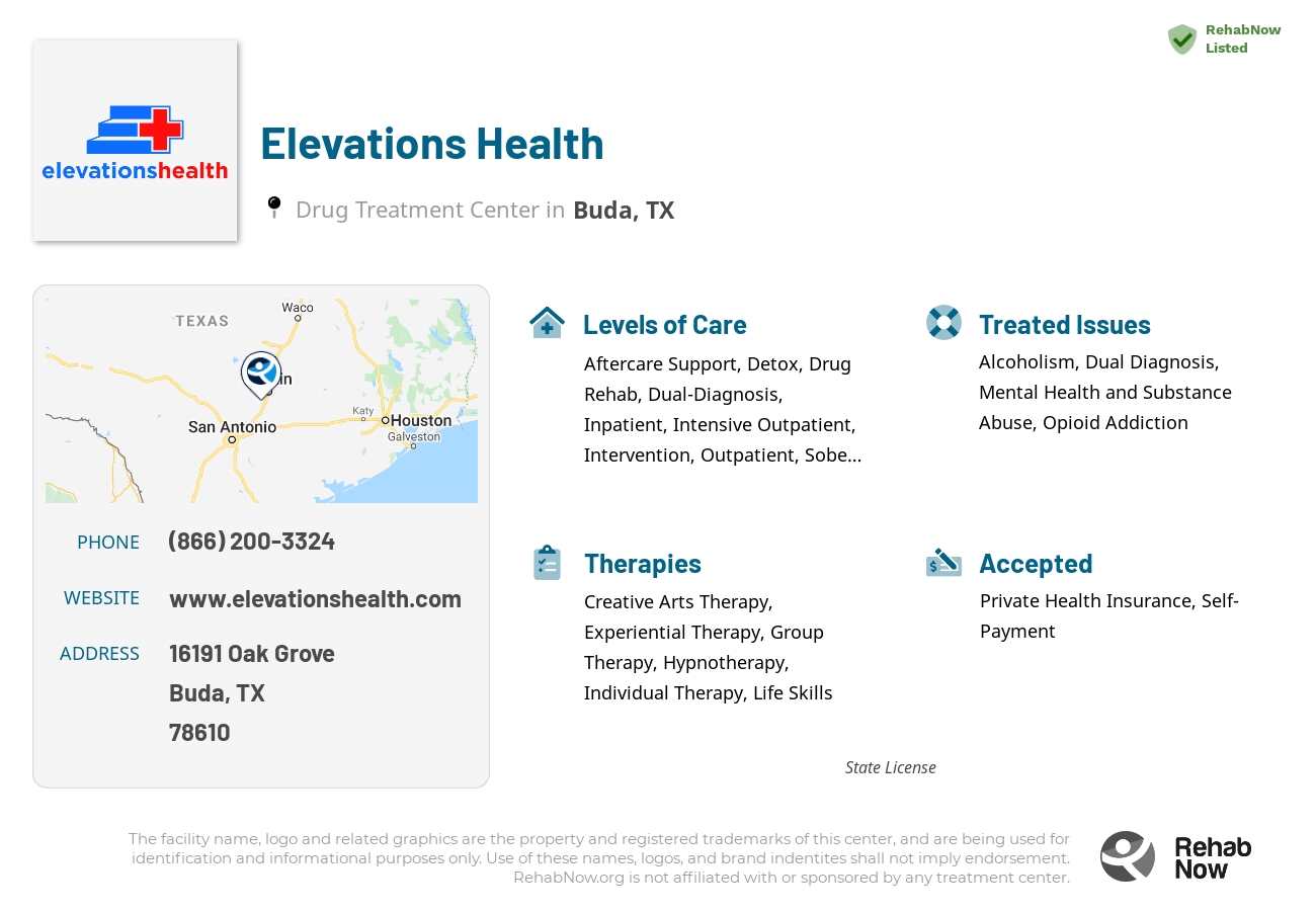 Helpful reference information for Elevations Health, a drug treatment center in Texas located at: 16191 Oak Grove, Buda, TX, 78610, including phone numbers, official website, and more. Listed briefly is an overview of Levels of Care, Therapies Offered, Issues Treated, and accepted forms of Payment Methods.