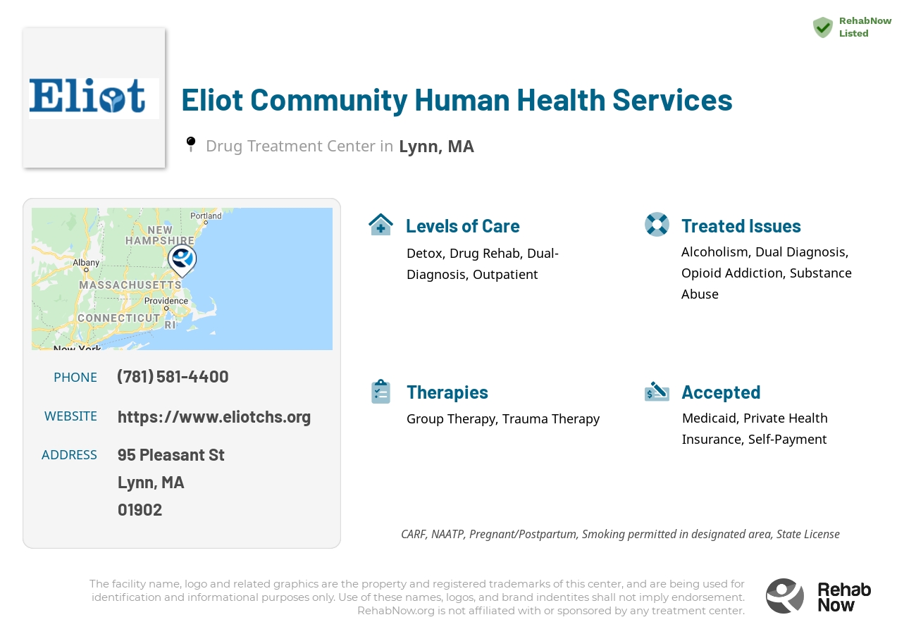 Helpful reference information for Eliot Community Human Health Services, a drug treatment center in Massachusetts located at: 95 Pleasant St, Lynn, MA 01902, including phone numbers, official website, and more. Listed briefly is an overview of Levels of Care, Therapies Offered, Issues Treated, and accepted forms of Payment Methods.