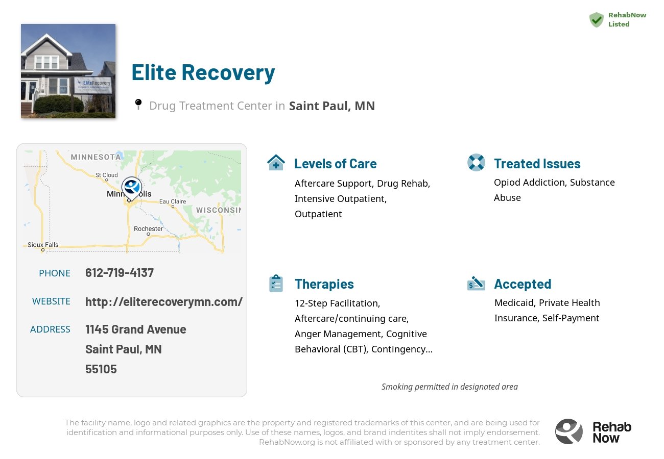 Helpful reference information for Elite Recovery, a drug treatment center in Minnesota located at: 1145 Grand Avenue, Saint Paul, MN 55105, including phone numbers, official website, and more. Listed briefly is an overview of Levels of Care, Therapies Offered, Issues Treated, and accepted forms of Payment Methods.