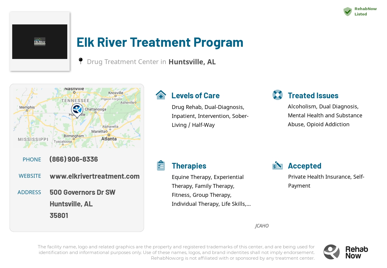 Helpful reference information for Elk River Treatment Program, a drug treatment center in Alabama located at: 500 Governors Dr SW, Huntsville, AL, 35801, including phone numbers, official website, and more. Listed briefly is an overview of Levels of Care, Therapies Offered, Issues Treated, and accepted forms of Payment Methods.