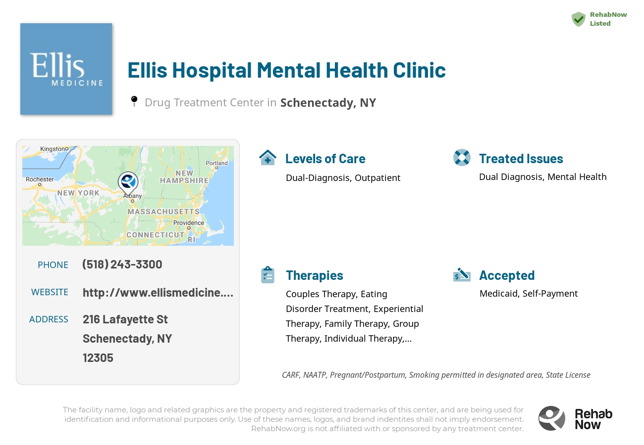 Helpful reference information for Ellis Hospital Mental Health Clinic, a drug treatment center in New York located at: 216 Lafayette St, Schenectady, NY 12305, including phone numbers, official website, and more. Listed briefly is an overview of Levels of Care, Therapies Offered, Issues Treated, and accepted forms of Payment Methods.
