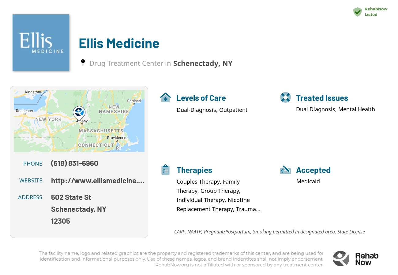 Helpful reference information for Ellis Medicine, a drug treatment center in New York located at: 502 State St, Schenectady, NY 12305, including phone numbers, official website, and more. Listed briefly is an overview of Levels of Care, Therapies Offered, Issues Treated, and accepted forms of Payment Methods.