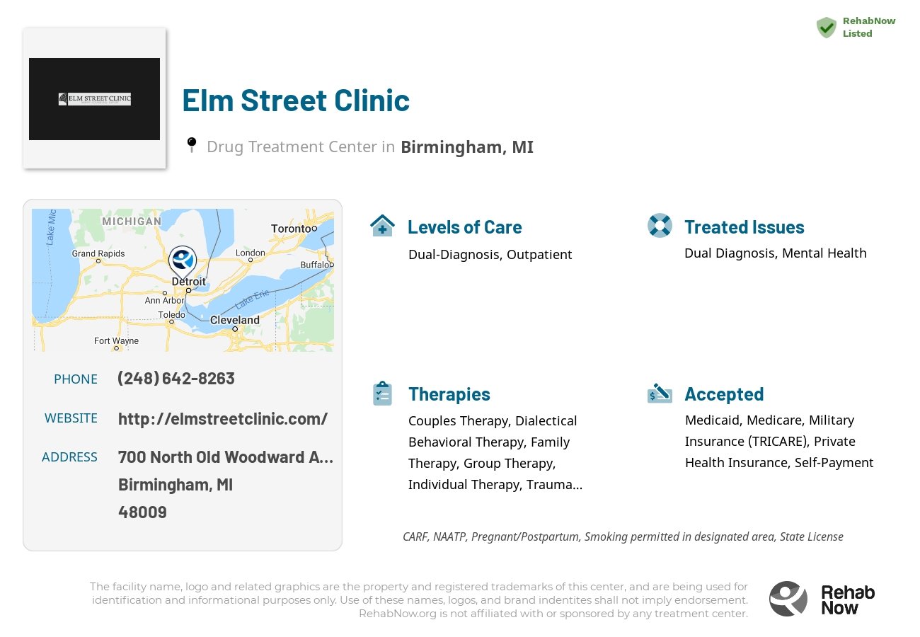 Helpful reference information for Elm Street Clinic, a drug treatment center in Michigan located at: 700 700 North Old Woodward Avenue, Birmingham, MI 48009, including phone numbers, official website, and more. Listed briefly is an overview of Levels of Care, Therapies Offered, Issues Treated, and accepted forms of Payment Methods.