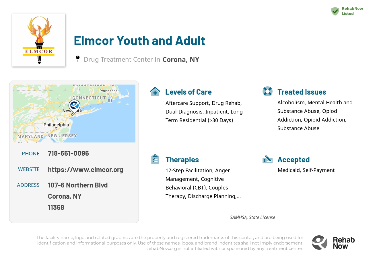 Helpful reference information for Elmcor Youth and Adult, a drug treatment center in New York located at: 107-6 Northern Blvd, Corona, NY 11368, including phone numbers, official website, and more. Listed briefly is an overview of Levels of Care, Therapies Offered, Issues Treated, and accepted forms of Payment Methods.