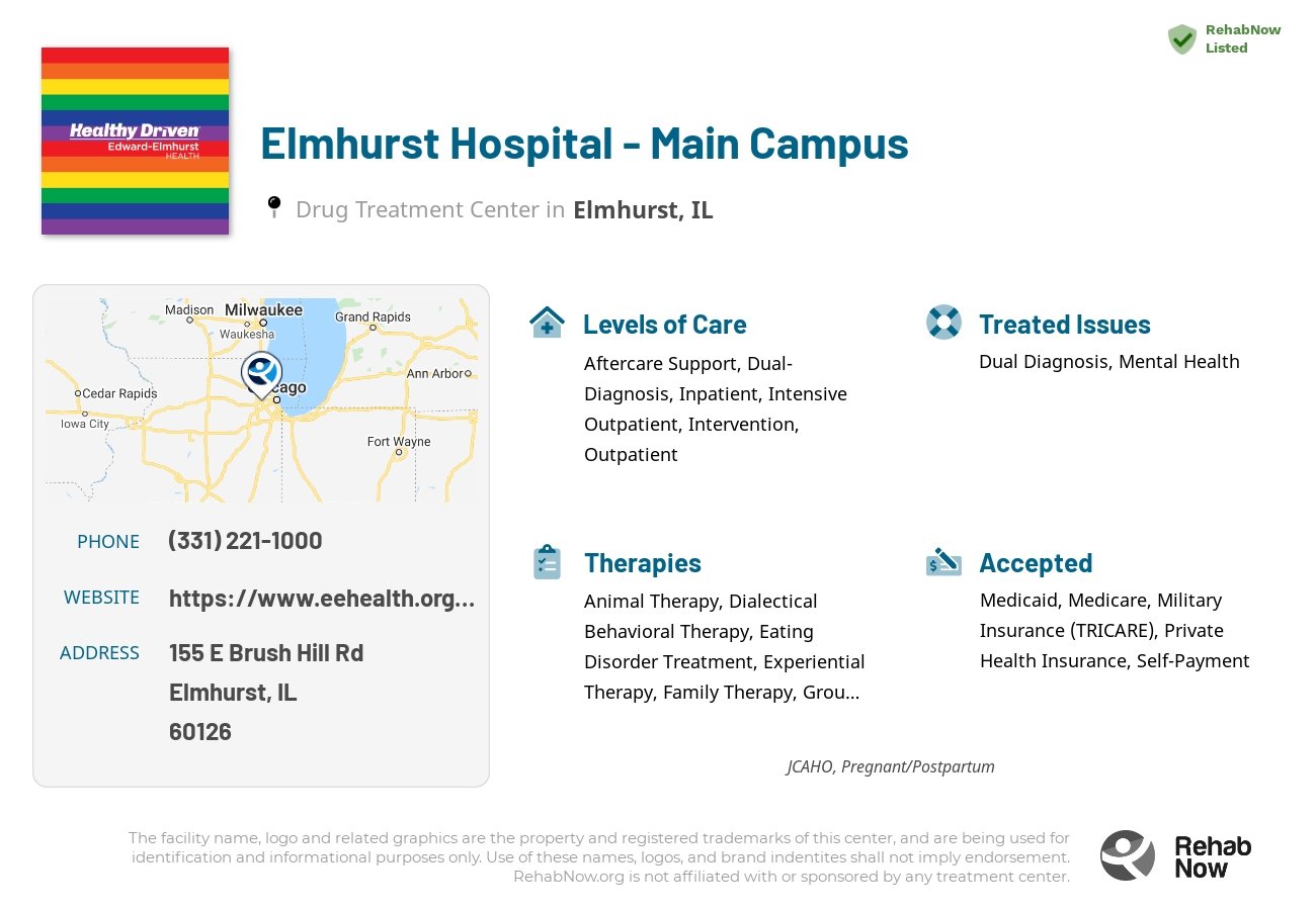 Helpful reference information for Elmhurst Hospital - Main Campus, a drug treatment center in Illinois located at: 155 E Brush Hill Rd, Elmhurst, IL 60126, including phone numbers, official website, and more. Listed briefly is an overview of Levels of Care, Therapies Offered, Issues Treated, and accepted forms of Payment Methods.