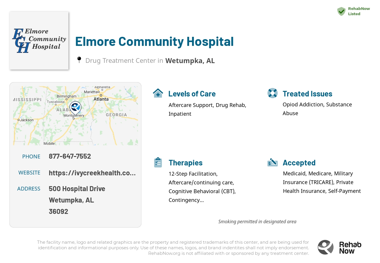 Helpful reference information for Elmore Community Hospital, a drug treatment center in Alabama located at: 500 Hospital Drive, Wetumpka, AL 36092, including phone numbers, official website, and more. Listed briefly is an overview of Levels of Care, Therapies Offered, Issues Treated, and accepted forms of Payment Methods.