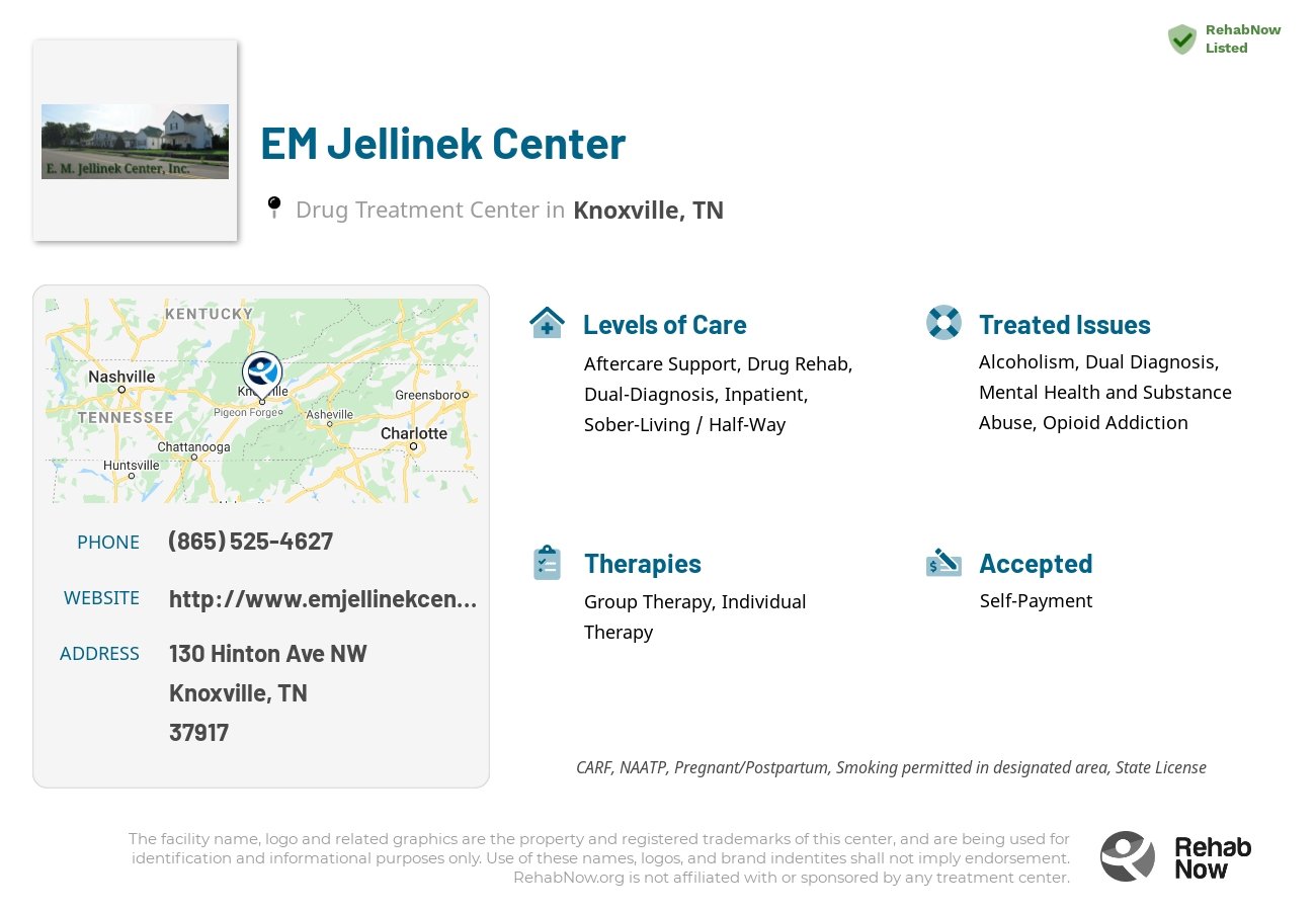 Helpful reference information for EM Jellinek Center, a drug treatment center in Tennessee located at: 130 Hinton Ave NW, Knoxville, TN 37917, including phone numbers, official website, and more. Listed briefly is an overview of Levels of Care, Therapies Offered, Issues Treated, and accepted forms of Payment Methods.