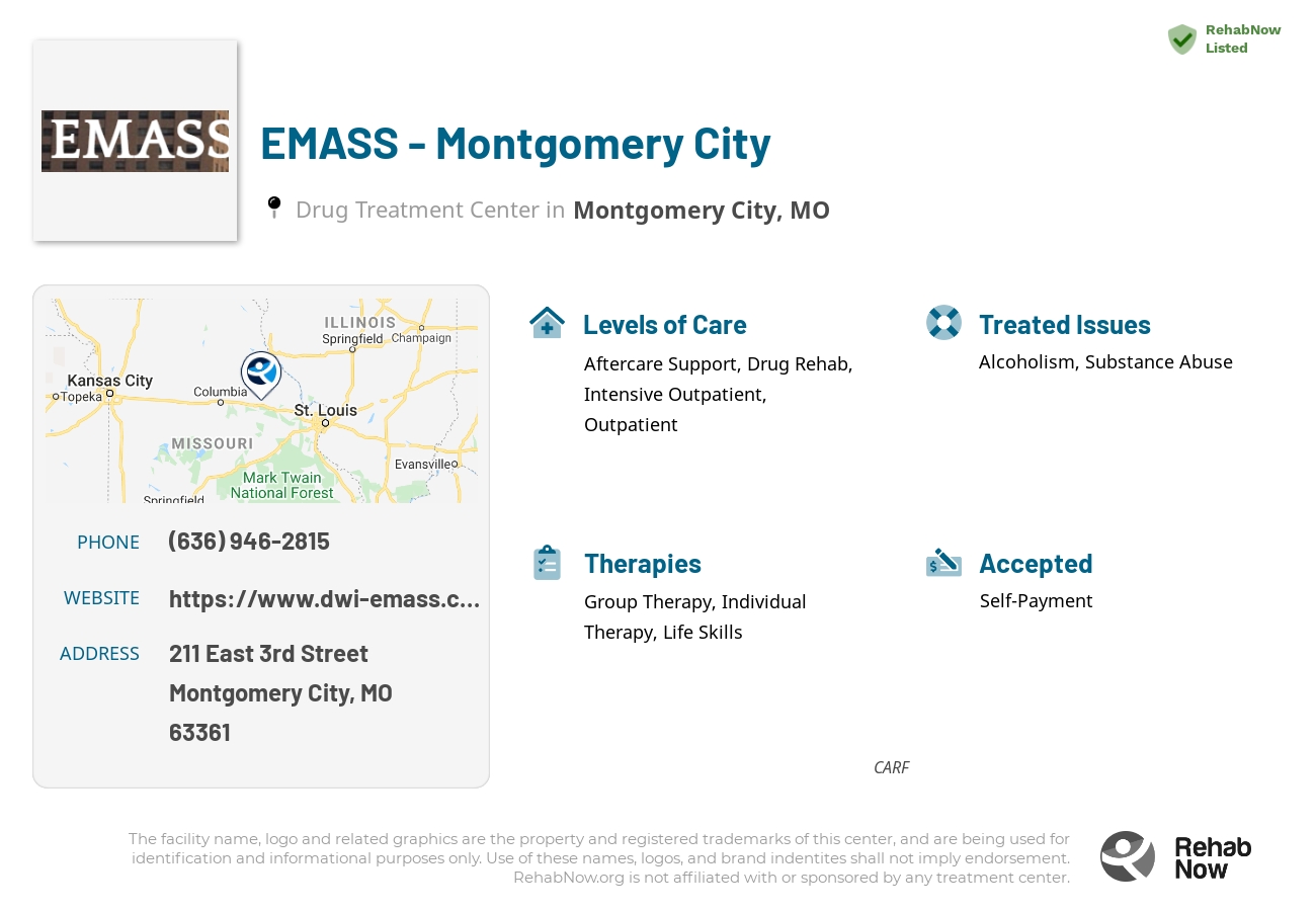 Helpful reference information for EMASS - Montgomery City, a drug treatment center in Missouri located at: 211 211 East 3rd Street, Montgomery City, MO 63361, including phone numbers, official website, and more. Listed briefly is an overview of Levels of Care, Therapies Offered, Issues Treated, and accepted forms of Payment Methods.