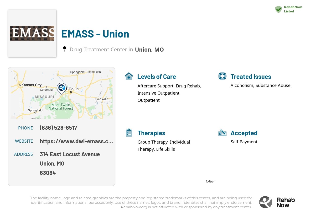 Helpful reference information for EMASS - Union, a drug treatment center in Missouri located at: 314 314 East Locust Avenue, Union, MO 63084, including phone numbers, official website, and more. Listed briefly is an overview of Levels of Care, Therapies Offered, Issues Treated, and accepted forms of Payment Methods.