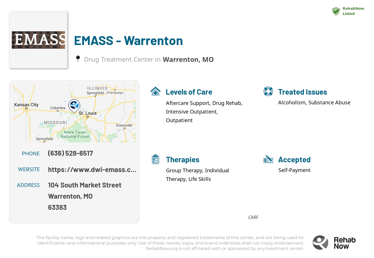 Helpful reference information for EMASS - Warrenton, a drug treatment center in Missouri located at: 104 104 South Market Street, Warrenton, MO 63383, including phone numbers, official website, and more. Listed briefly is an overview of Levels of Care, Therapies Offered, Issues Treated, and accepted forms of Payment Methods.